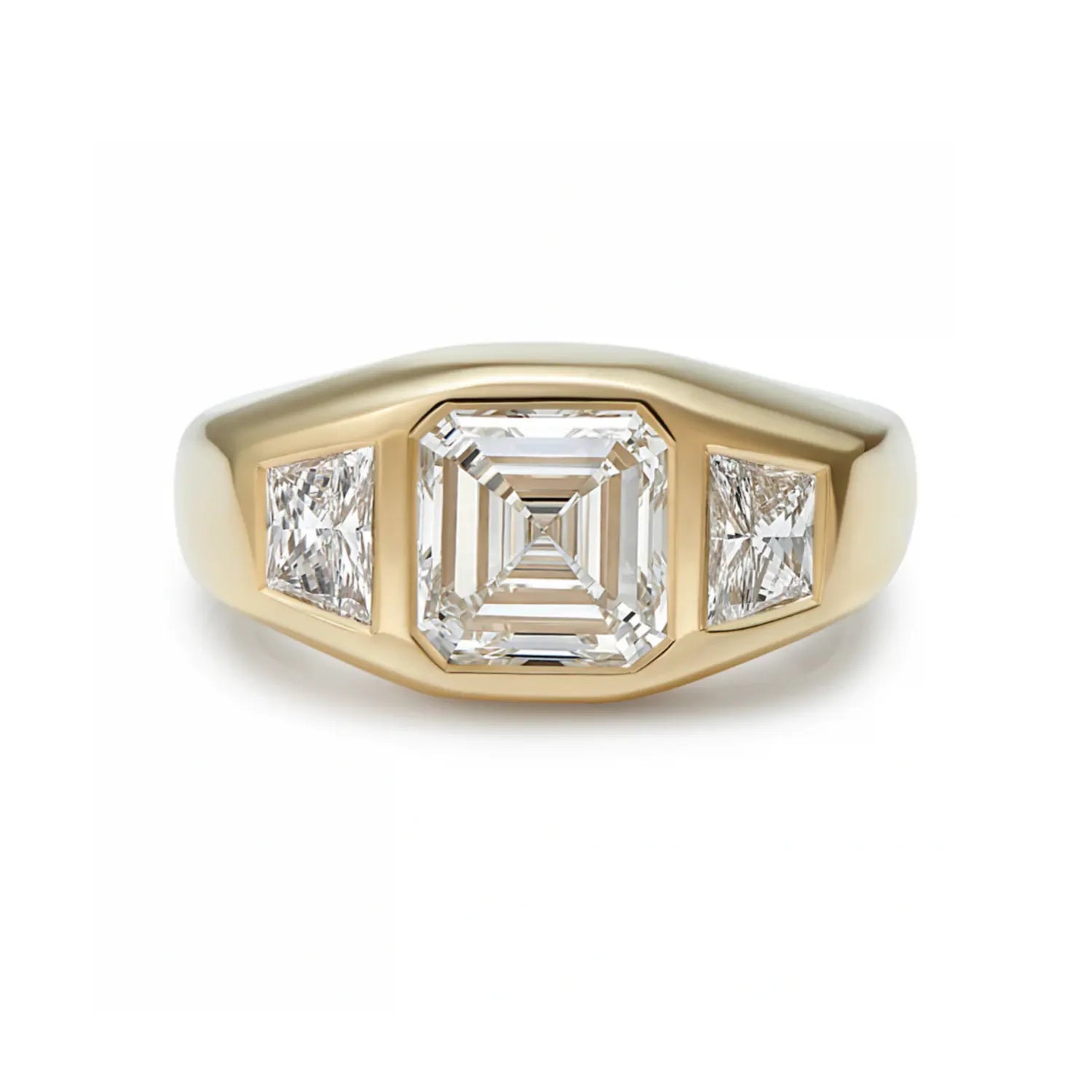Asscher-cut diamond ring in 18k yellow gold featuring 2ct octagon diamond with trapezoid-cut white diamond side stones