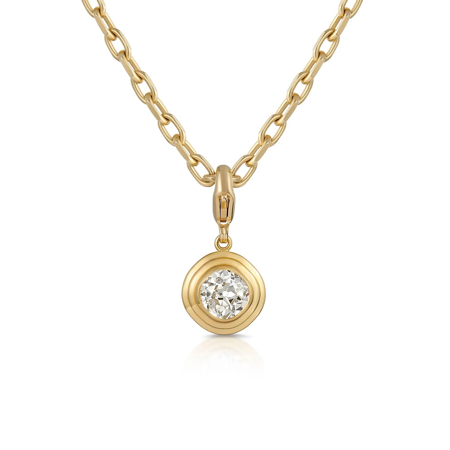 Athena 2ct old cut diamond necklace in 18k yellow gold featuring cushion-cut diamond on bold chunky chain
