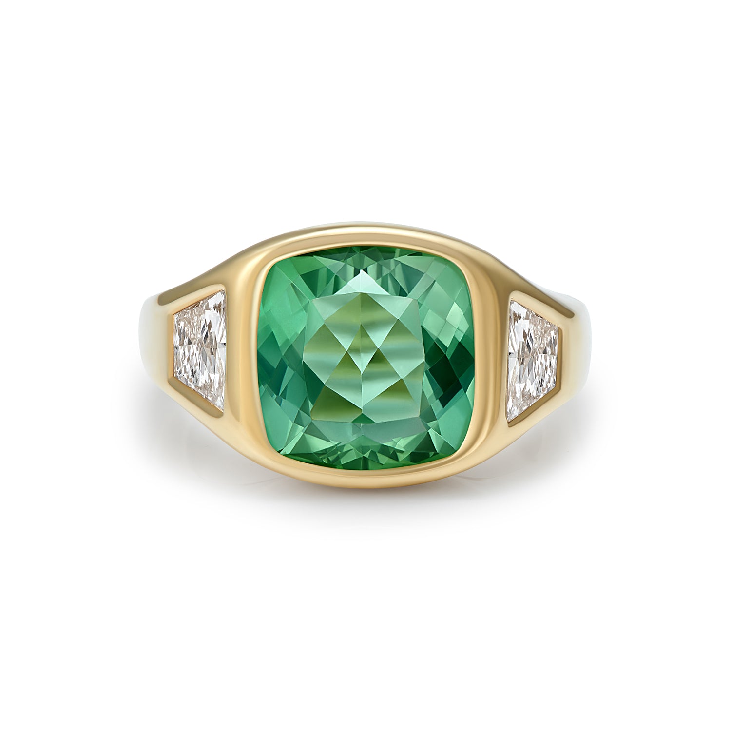 Bridal ring in 18k yellow gold featuring a 5ct green cushion-cut Tourmaline flanked by two 0.50ct trapezoid diamonds