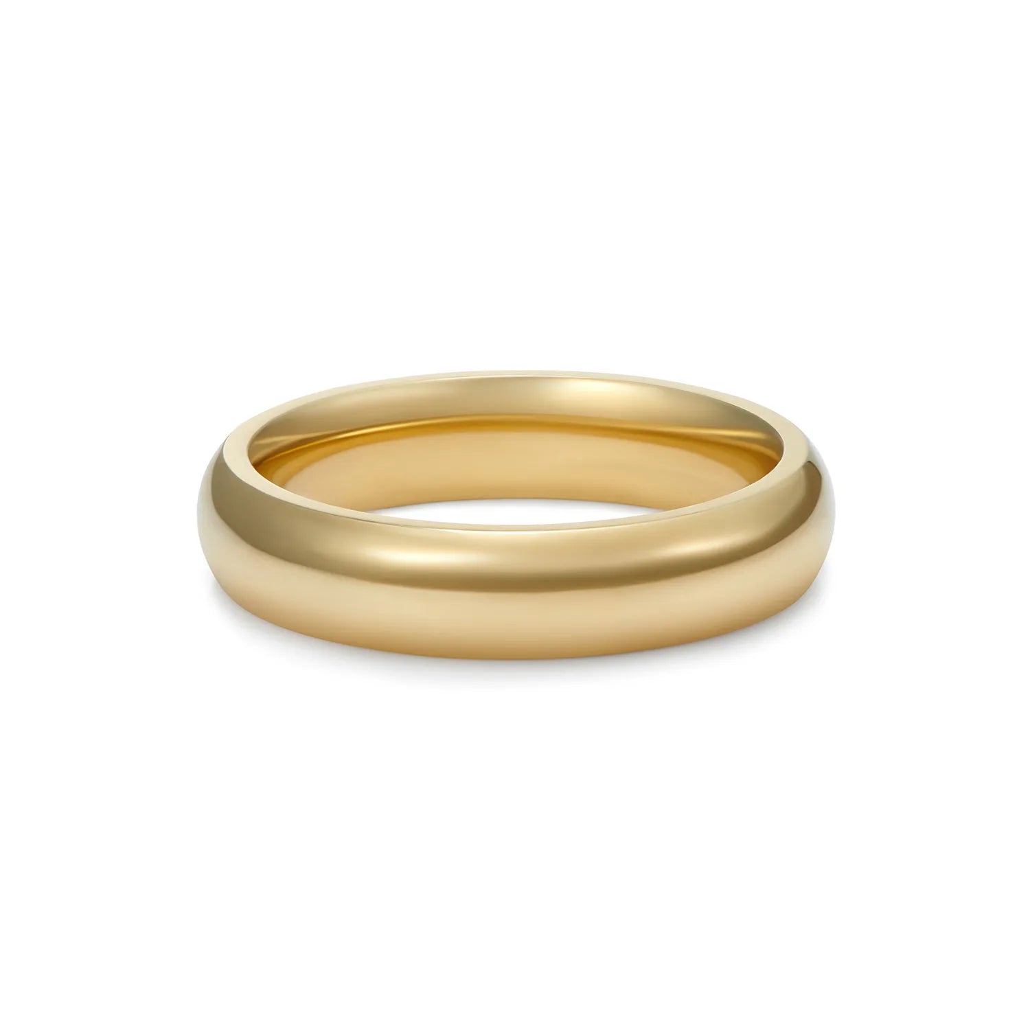 5mm court-shaped wedding band in 18k yellow gold with smooth rounded profile and classic polished finish
