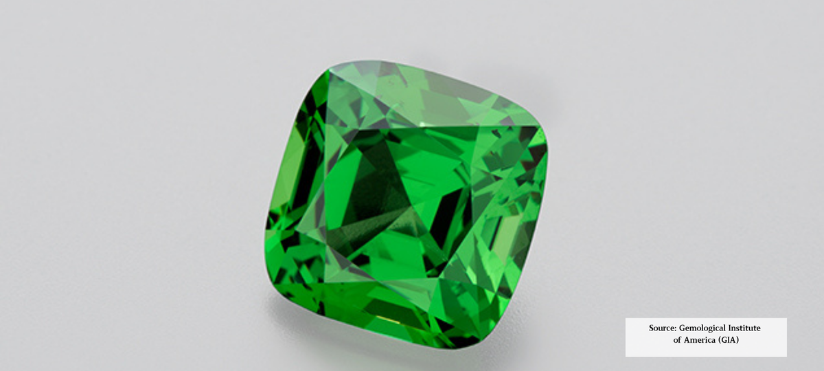 Natural green garnet gemstone with vivid green colour and brilliant sparkle. Image courtesy of GIA.