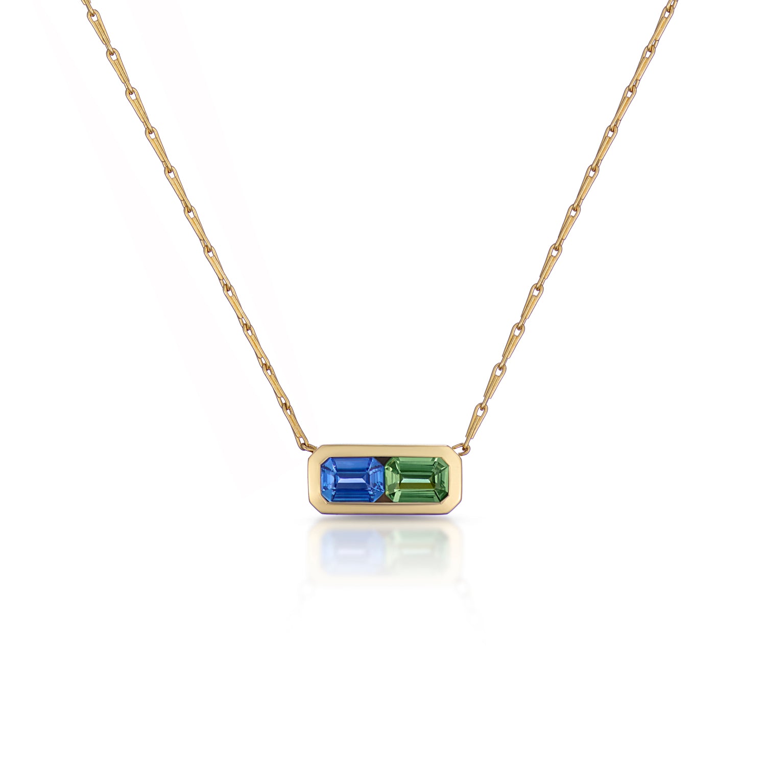 Ley Line Toi et Moi Sapphire Necklace in 18k yellow gold with green and blue sapphires on hayseed chain by Minka Jewels