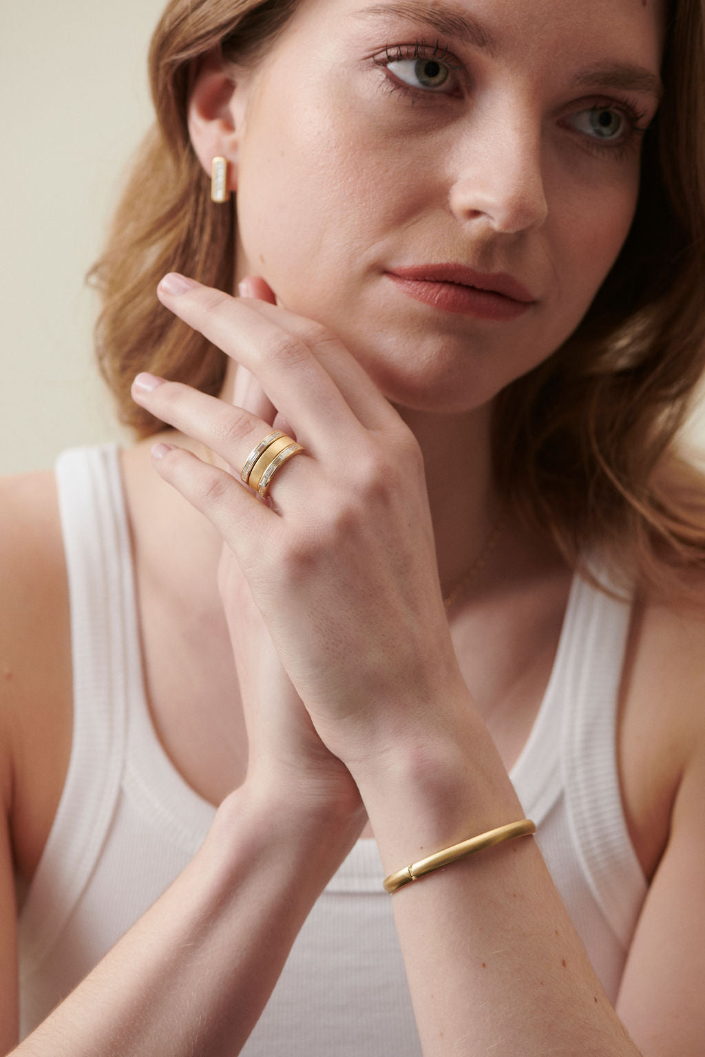 18k yellow gold Brushed Gold Bracelet from Minka Jewels styled with other Ley Line jewellery