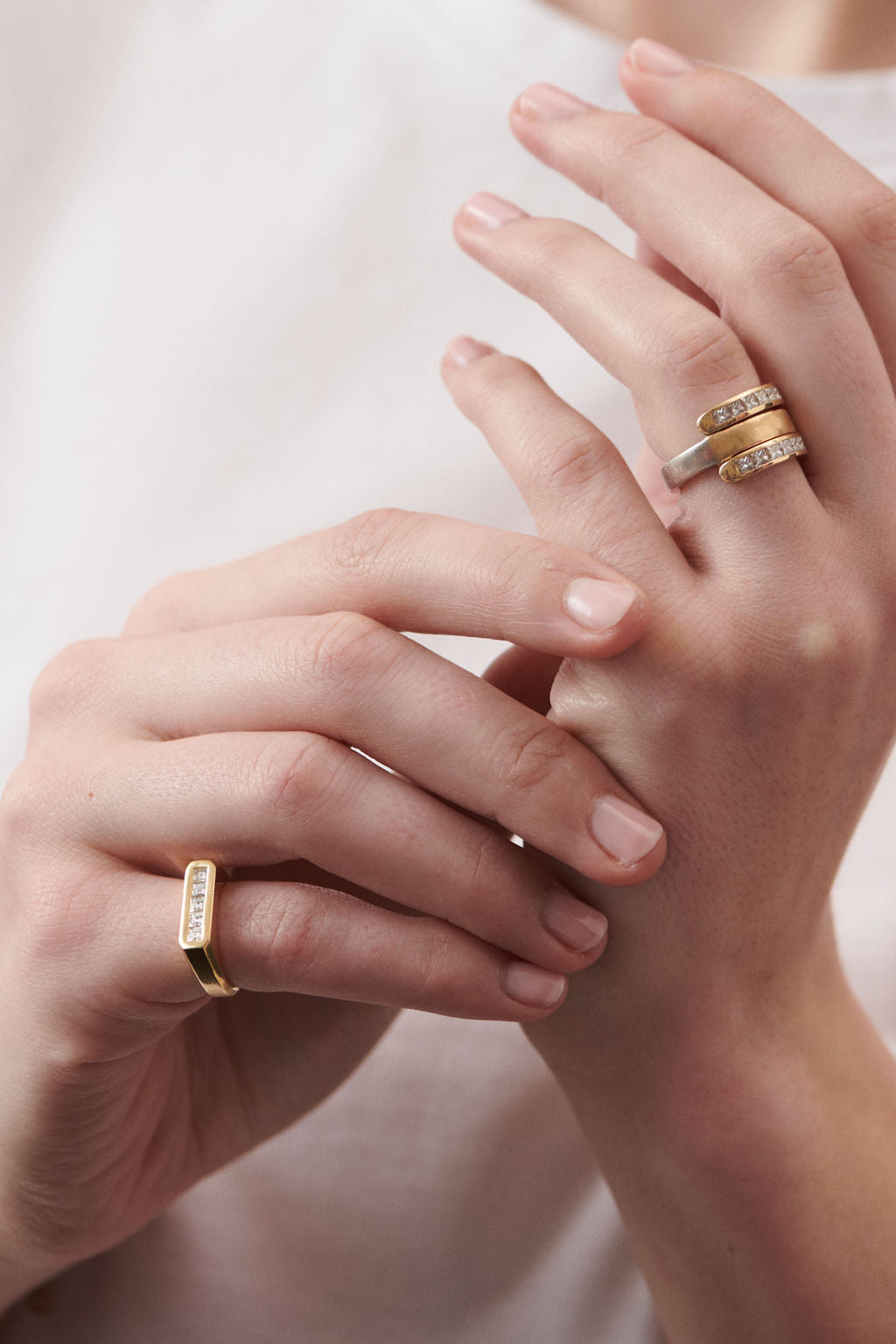 Minka Jewels Ley Line Diamond Pinky Ring in 18k yellow gold styled with other Ley Line jewelry collection