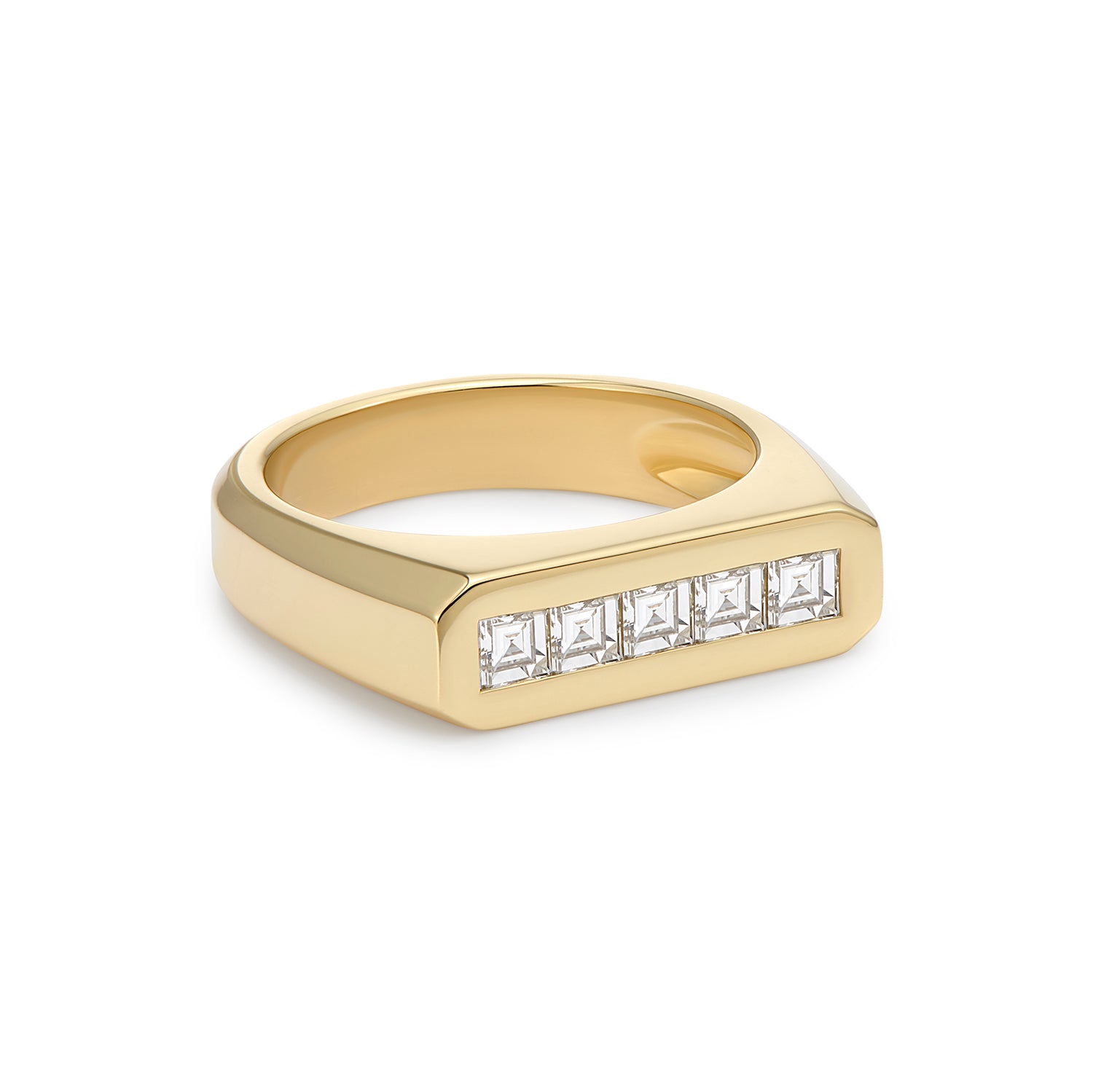 Side view of 18k gold Ley Line Pinky Ring with five carré-cut diamonds from Minka Jewels