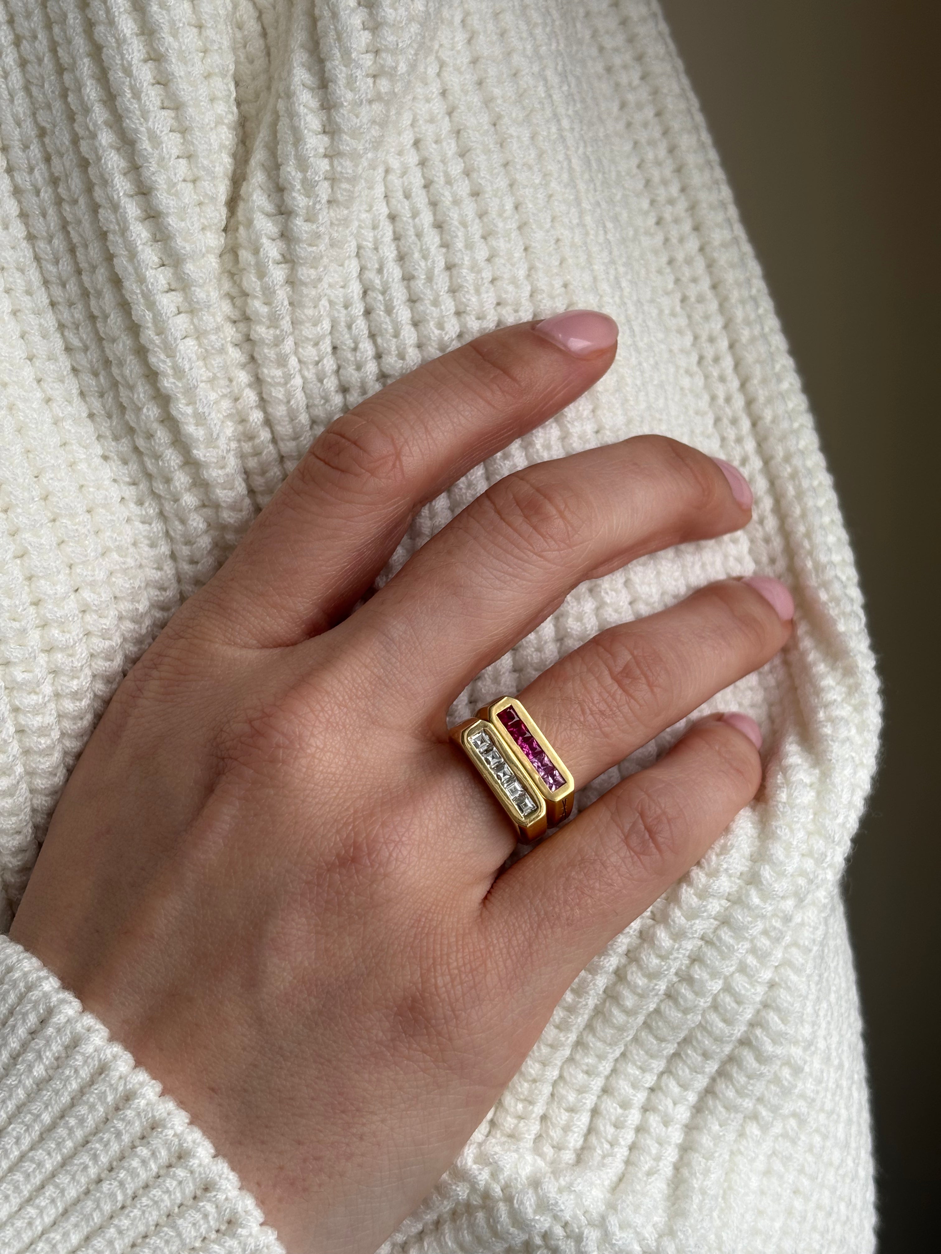 Pink ombré sapphire pinky ring stacked with Minka Jewels diamond leyline ring