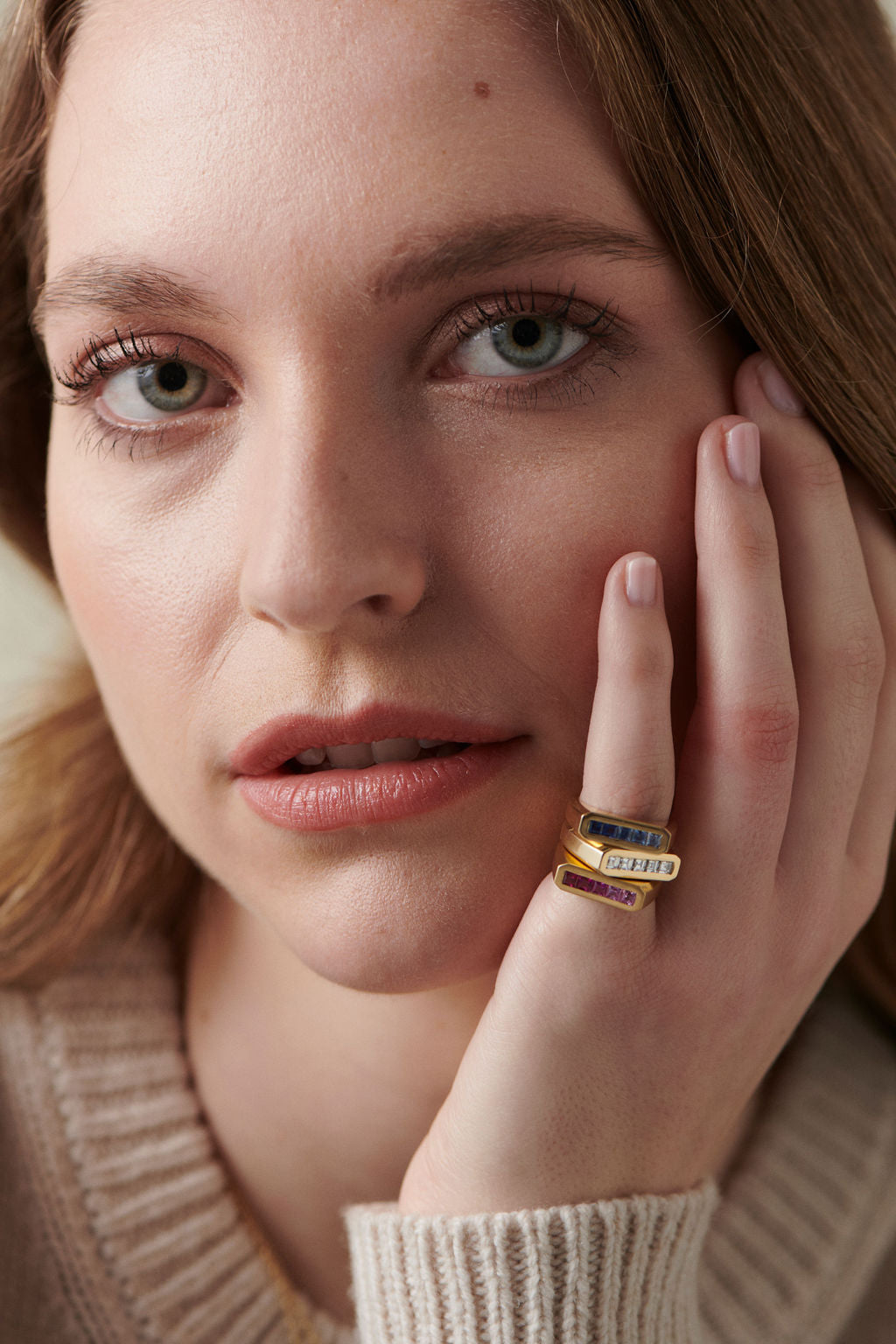 Cassandra Goad pink sapphire and diamond gold rings