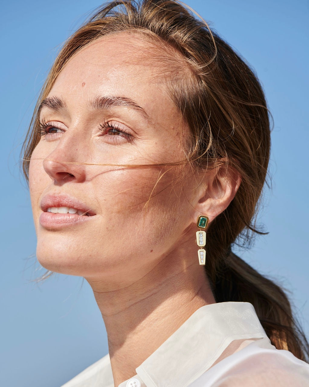 Delaval Knight geometric standing layer Gold with diamonds and tourmaline gemstone drop earring