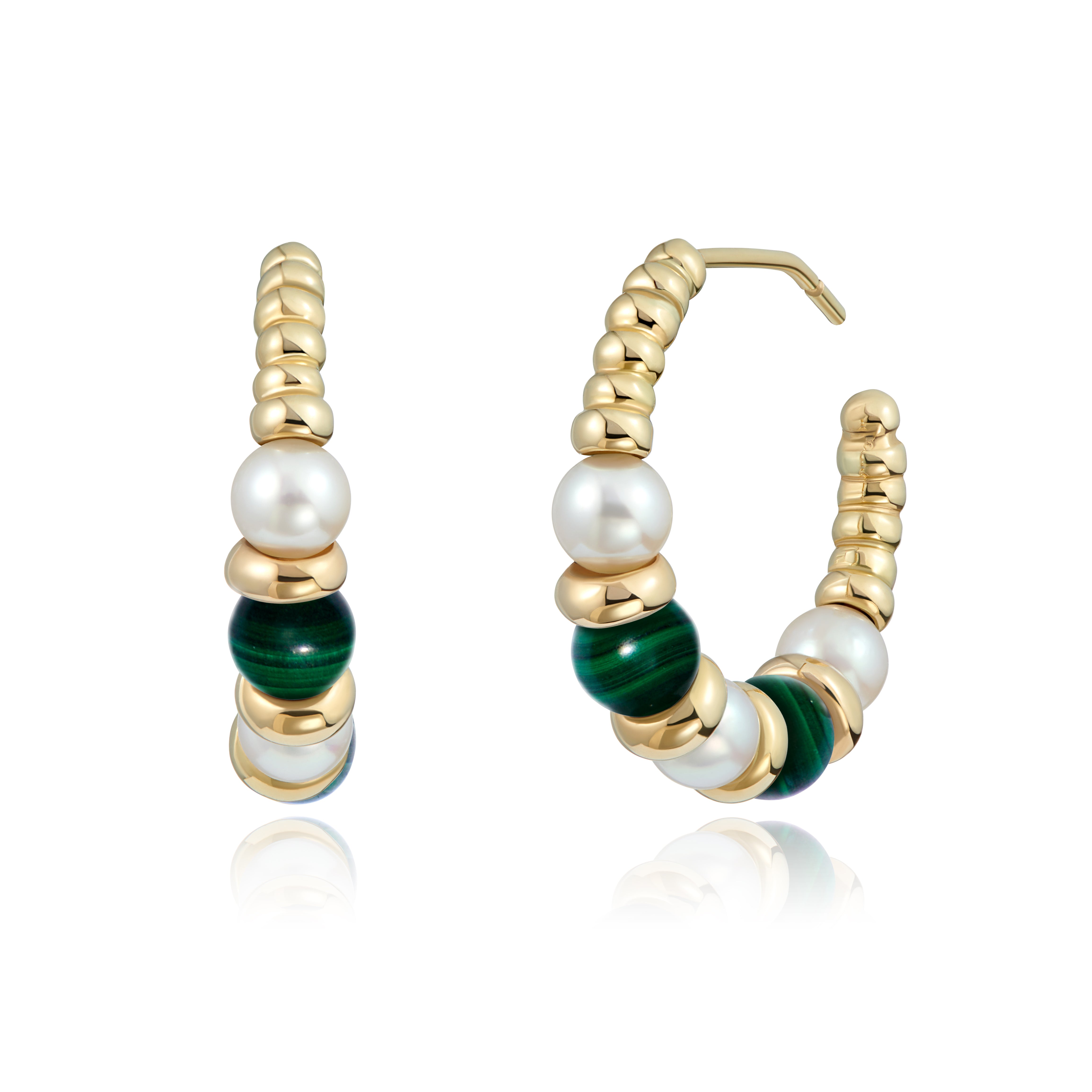 Mermaid collection 25mm hoop earrings in 18k yellow gold featuring green malachite beads and freshwater white pearls