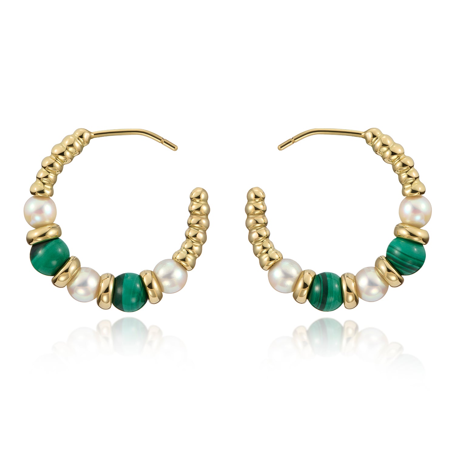 Side view of 18k yellow gold hoop earrings with malachite beads and white freshwater pearls from the Mermaid collection