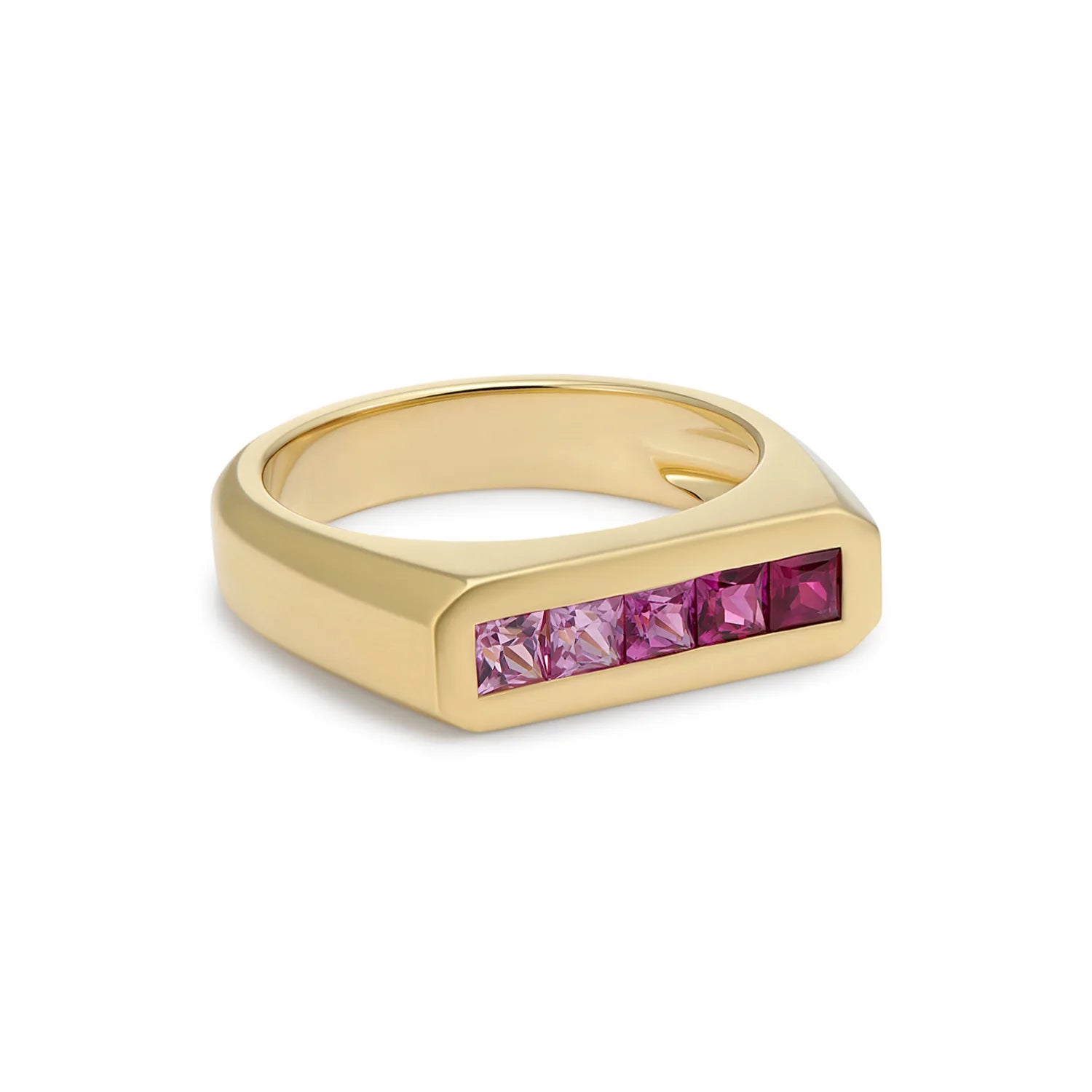 Side view of Ley Lines Pink Ombre Sapphire Ring, 18k yellow gold band with five square-cut pink sapphires