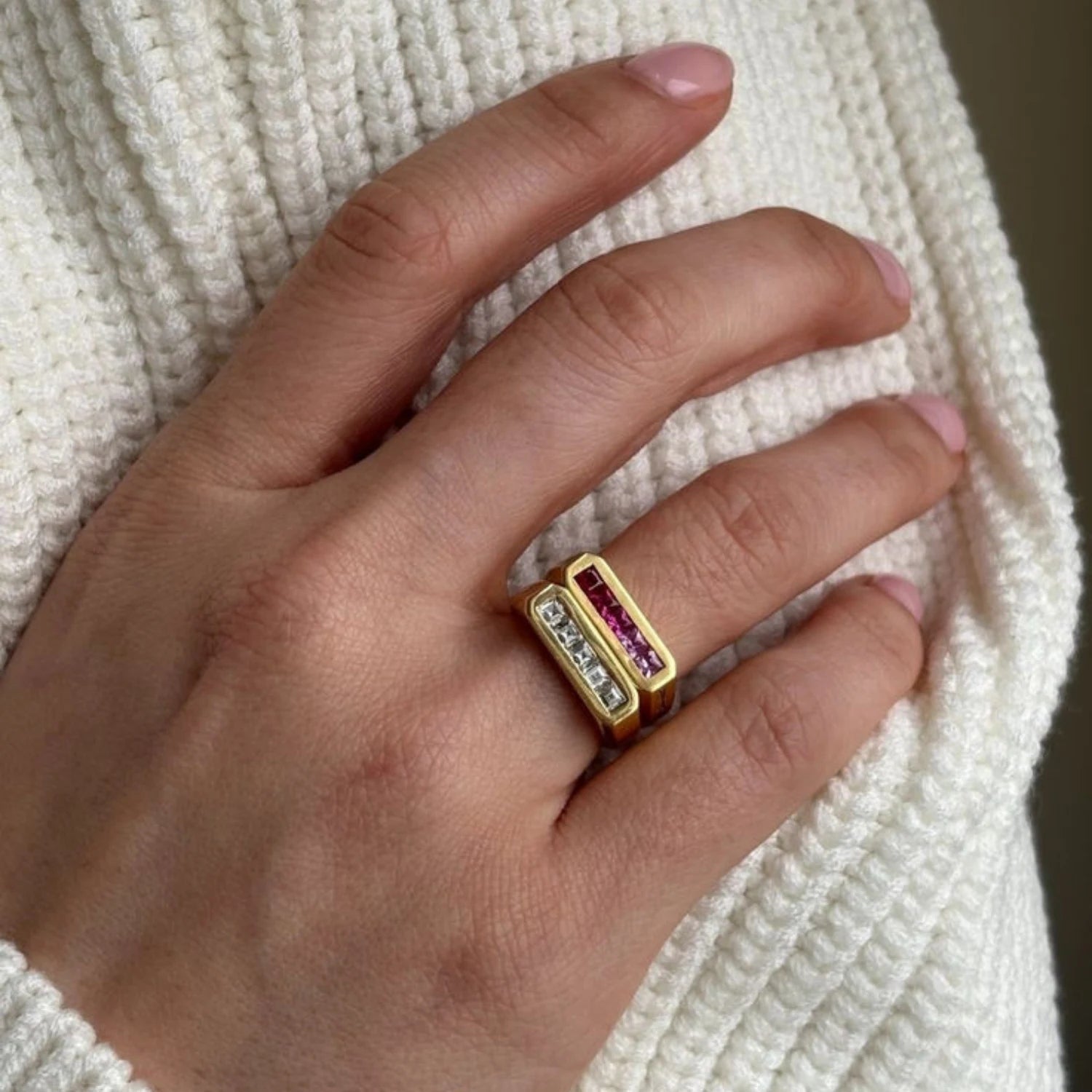 Close-up of Ley Lines Pink Ombre Sapphire Pinky Ring, 18k gold with five square-cut pink sapphires in ombre tones stacked with Ley Lines Diamond Pinky Ring
