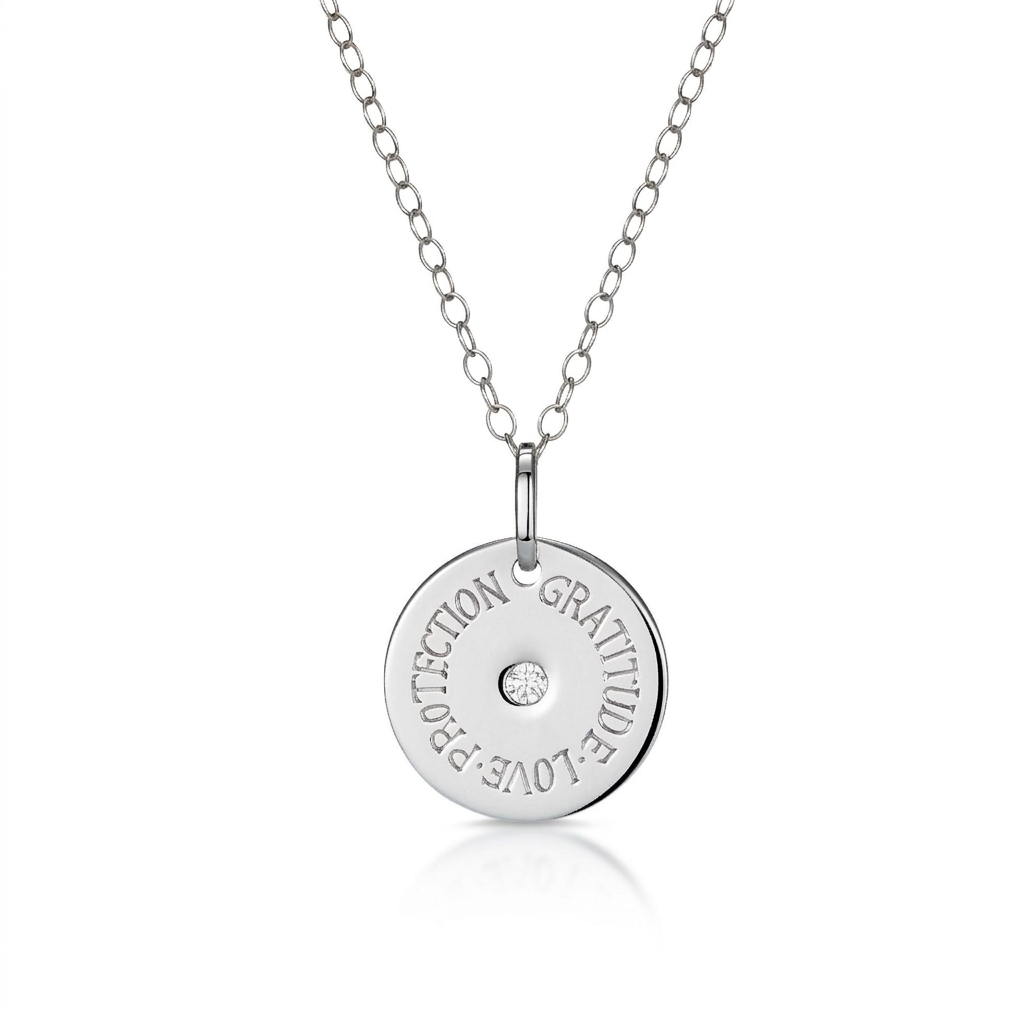 Mantra: Gratitude, Love, Protection - Silver & Diamond Necklace