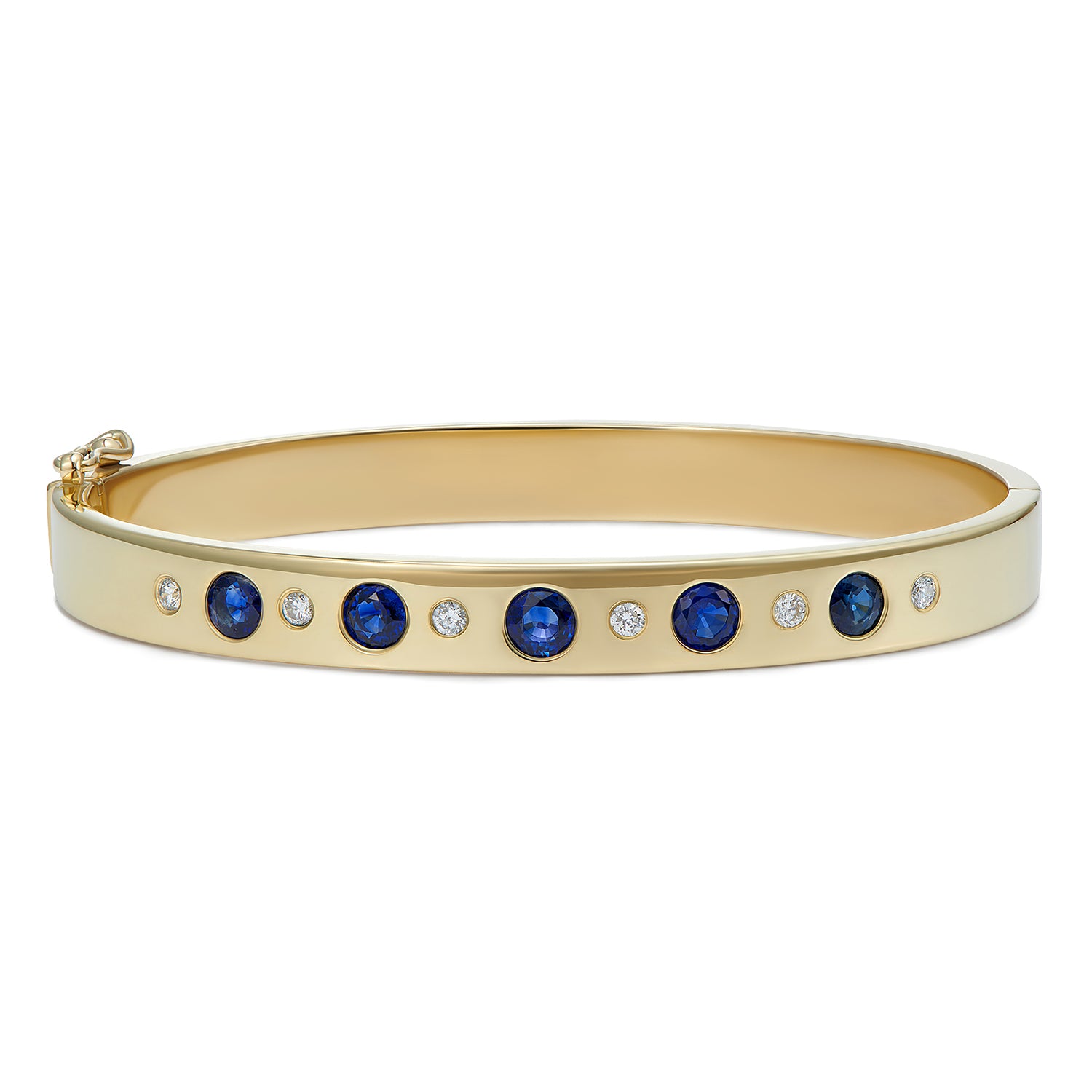 18k yellow gold hinged bangle featuring five round blue sapphires and five round diamonds