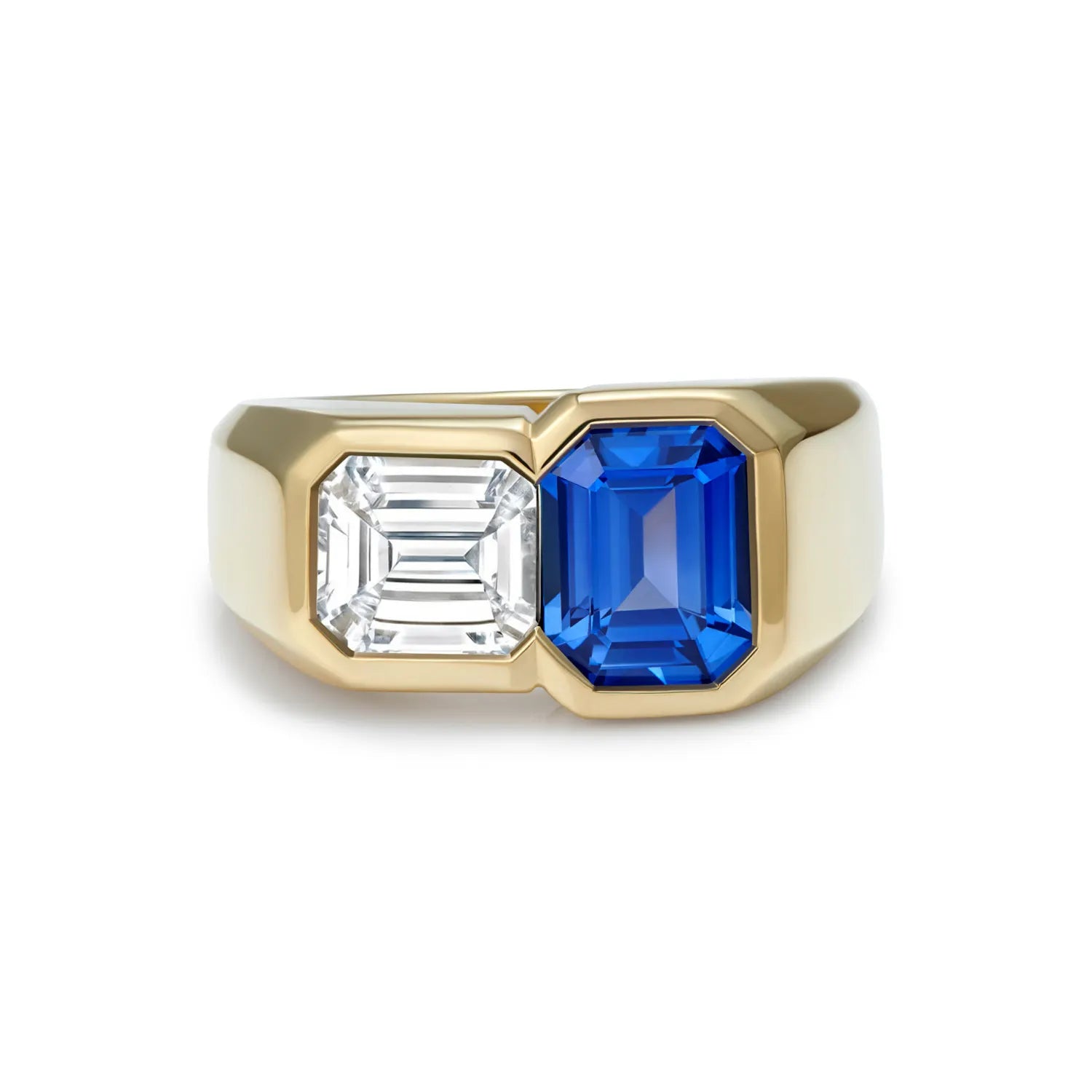 Toi et Moi Blue Tourmaline and Diamond Ring in 18k yellow gold with geometric tourmaline and diamond in chunky band