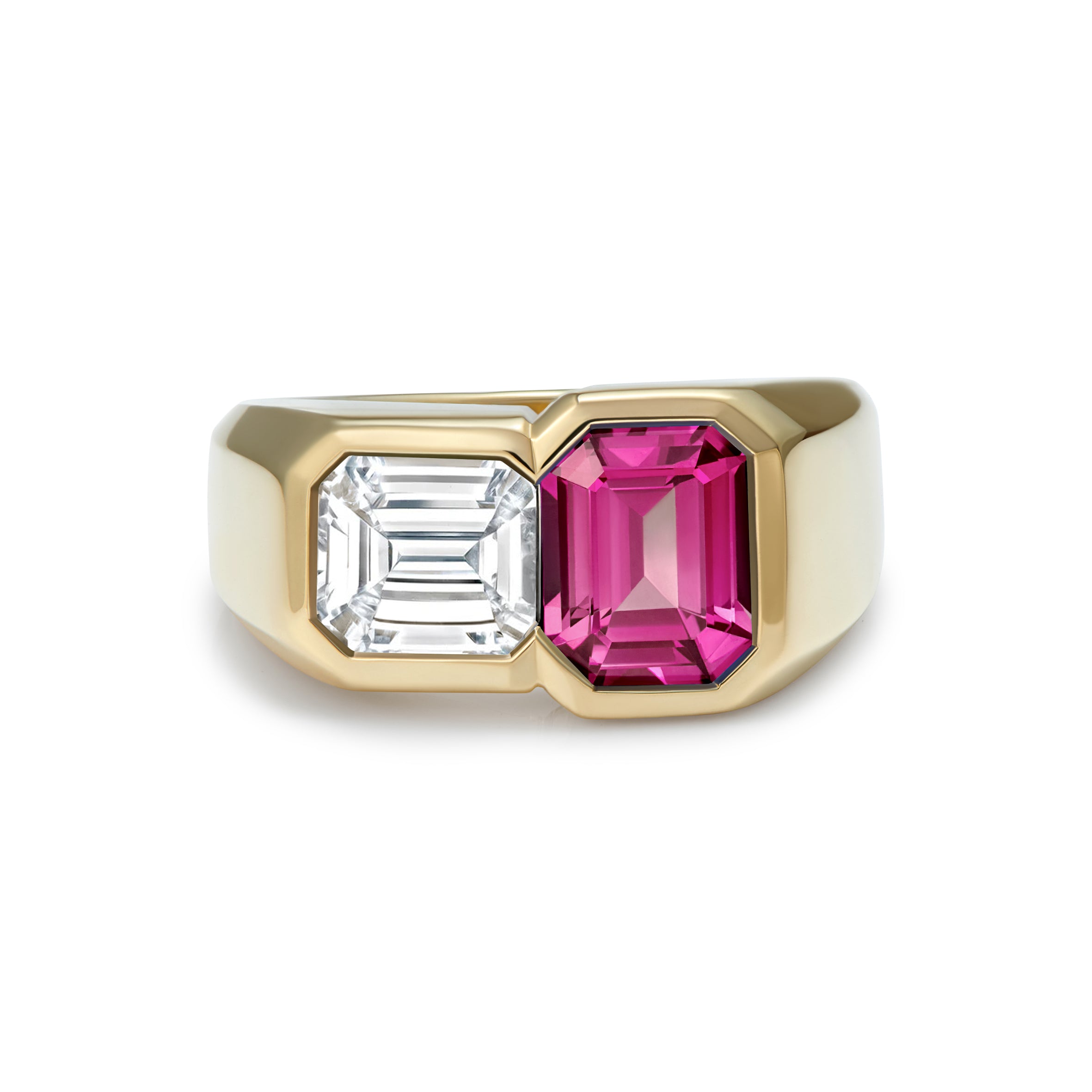 Toi et Moi ring in 18k yellow gold with pink sapphire and diamond by Minka Jewels