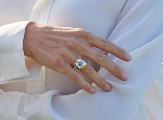Delaval Knight Silver Gold ring with sky blue topaz gemstone 
