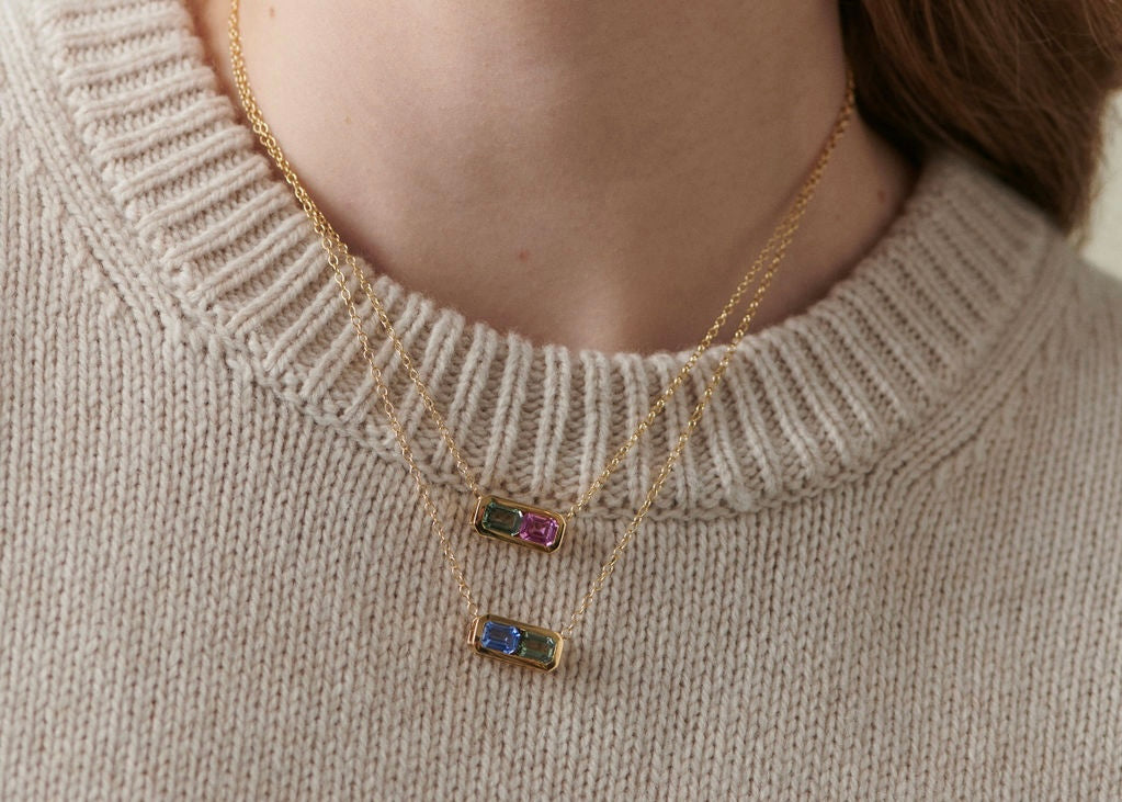 Bear Brooksbank Colorful green, pink, blue tourmaline tanzanite sapphire geometric gold jewelry