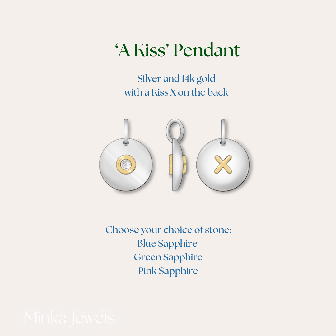 Design Sketch of Limited Edition Sapphire Silver Disc Pendant with engraved kiss with gemstone