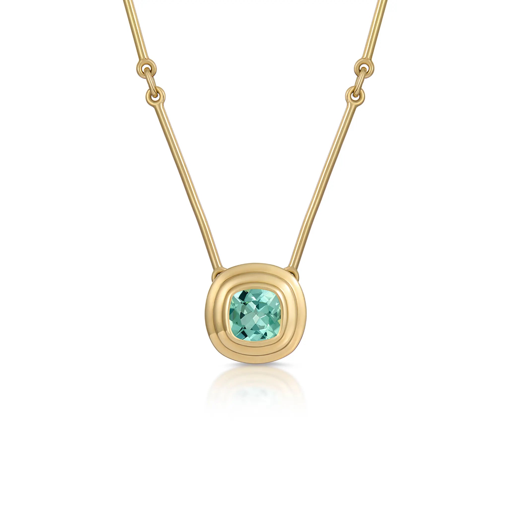 Front view of Athena Collection 1ct mint green tourmaline necklace in 18k yellow gold with cushion-cut mint green tourmaline pendant