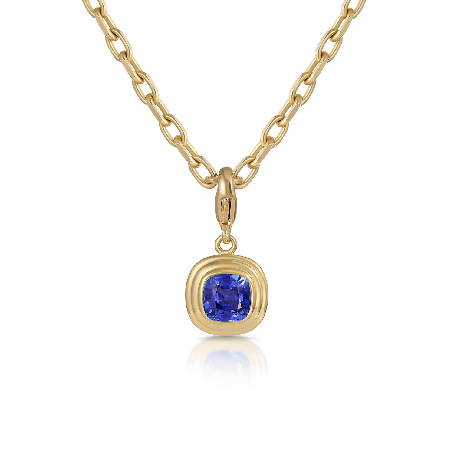 Athena 3.33ct sapphire necklace in 18k yellow gold featuring square cushion-cut cornflower blue sapphire pendant