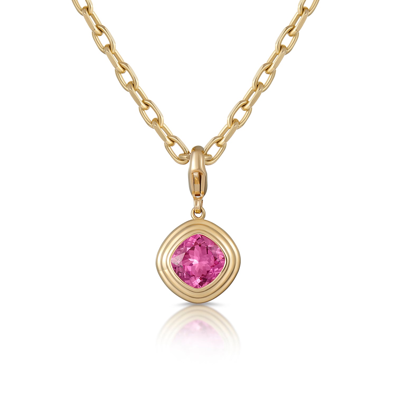 Athena collection bold necklace in 18k yellow gold featuring a 4.50ct cushion-cut pink Tourmaline pendant on an 18-inch chunky trace chain