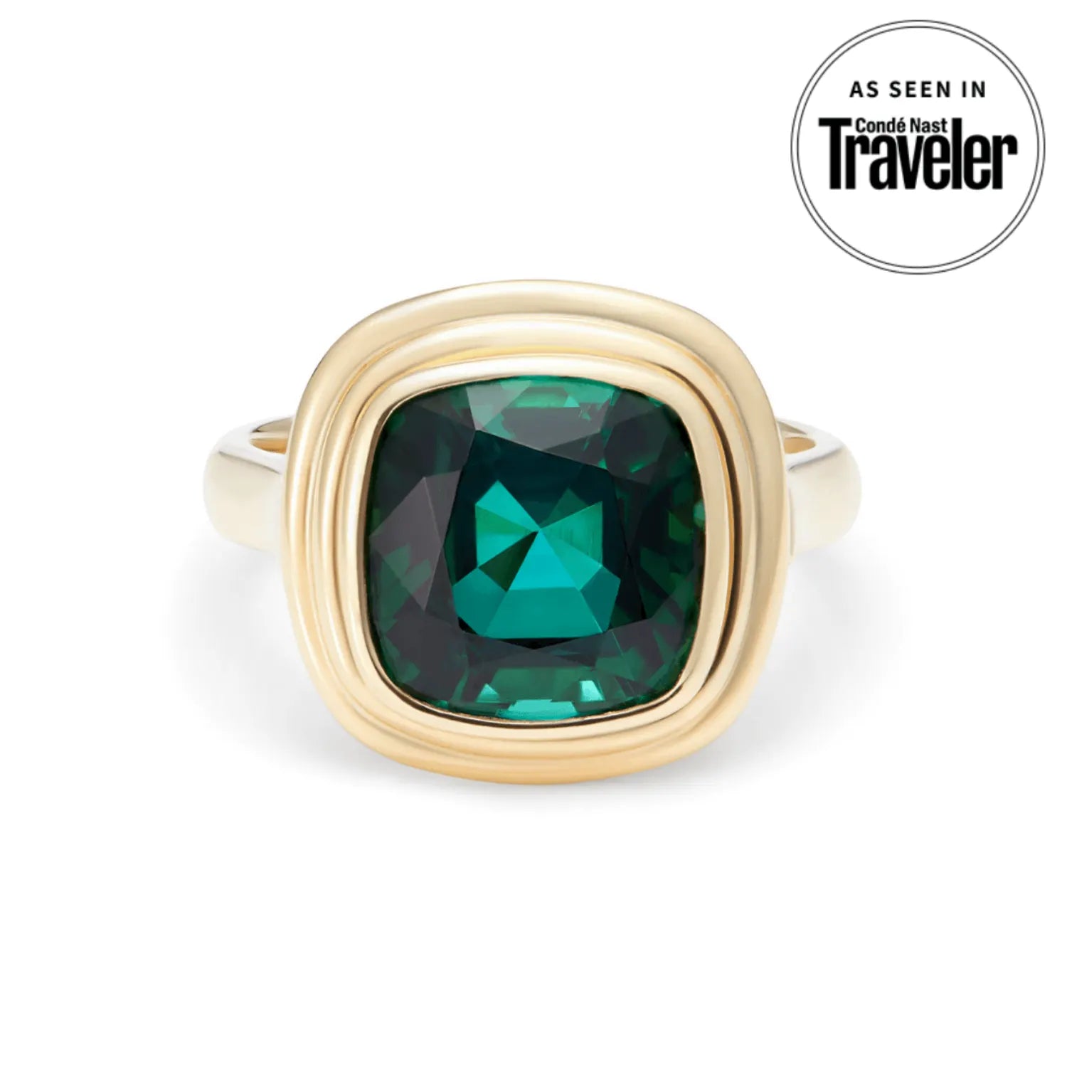 Athena 4.56ct green tourmaline ring in 18k yellow gold featuring cushion-cut forest green tourmaline as seen in conde nast traveler