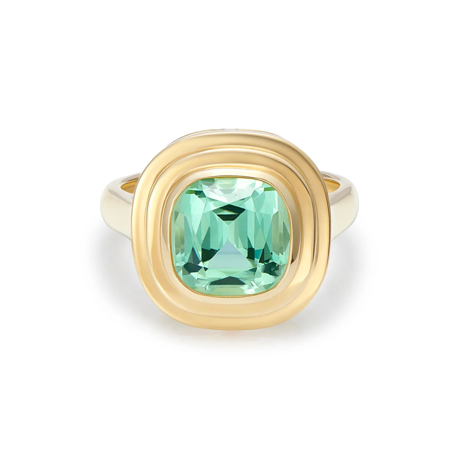 4.60ct pastel green tourmaline ring in 18k yellow gold featuring cushion-cut gemstone