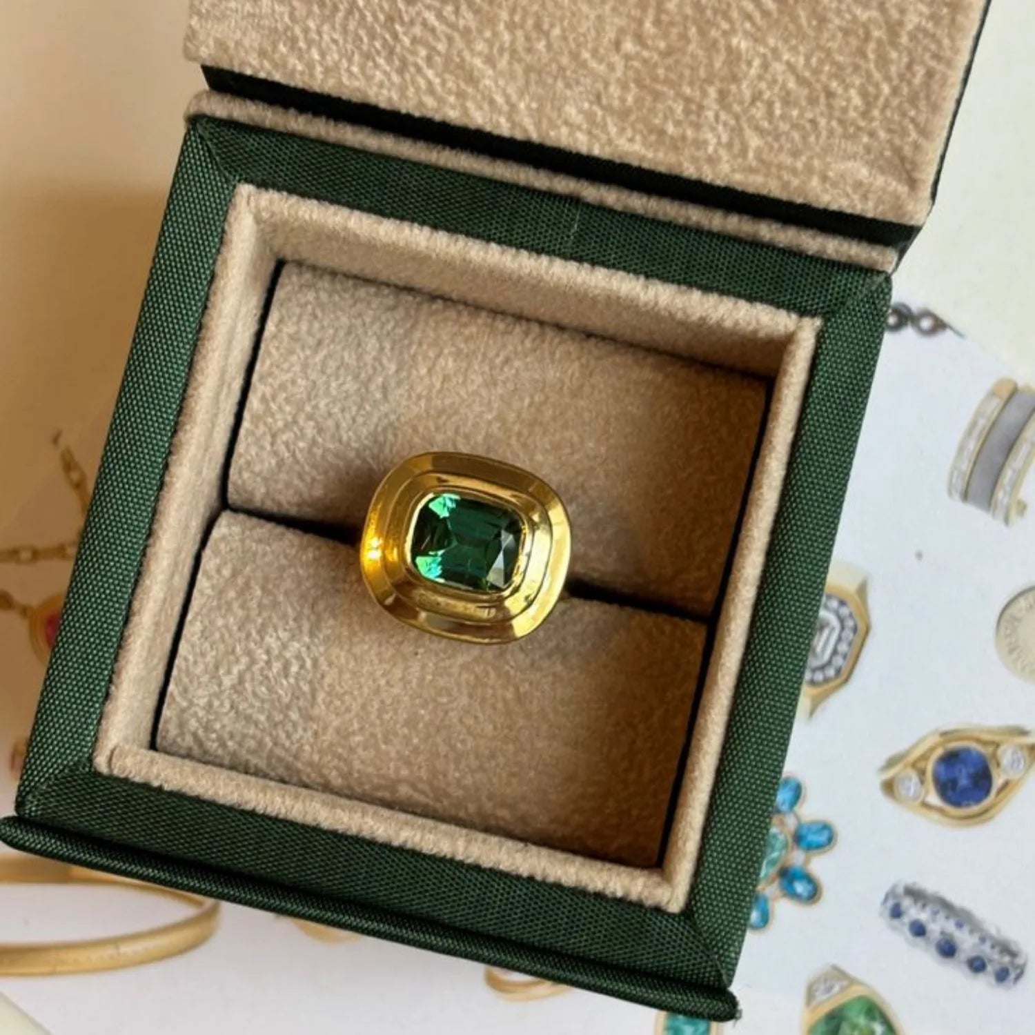 Athena 4.80ct blue green tourmaline ring in 18k yellow gold with antique cushion-cut gemstone on minkajewels jewellery box