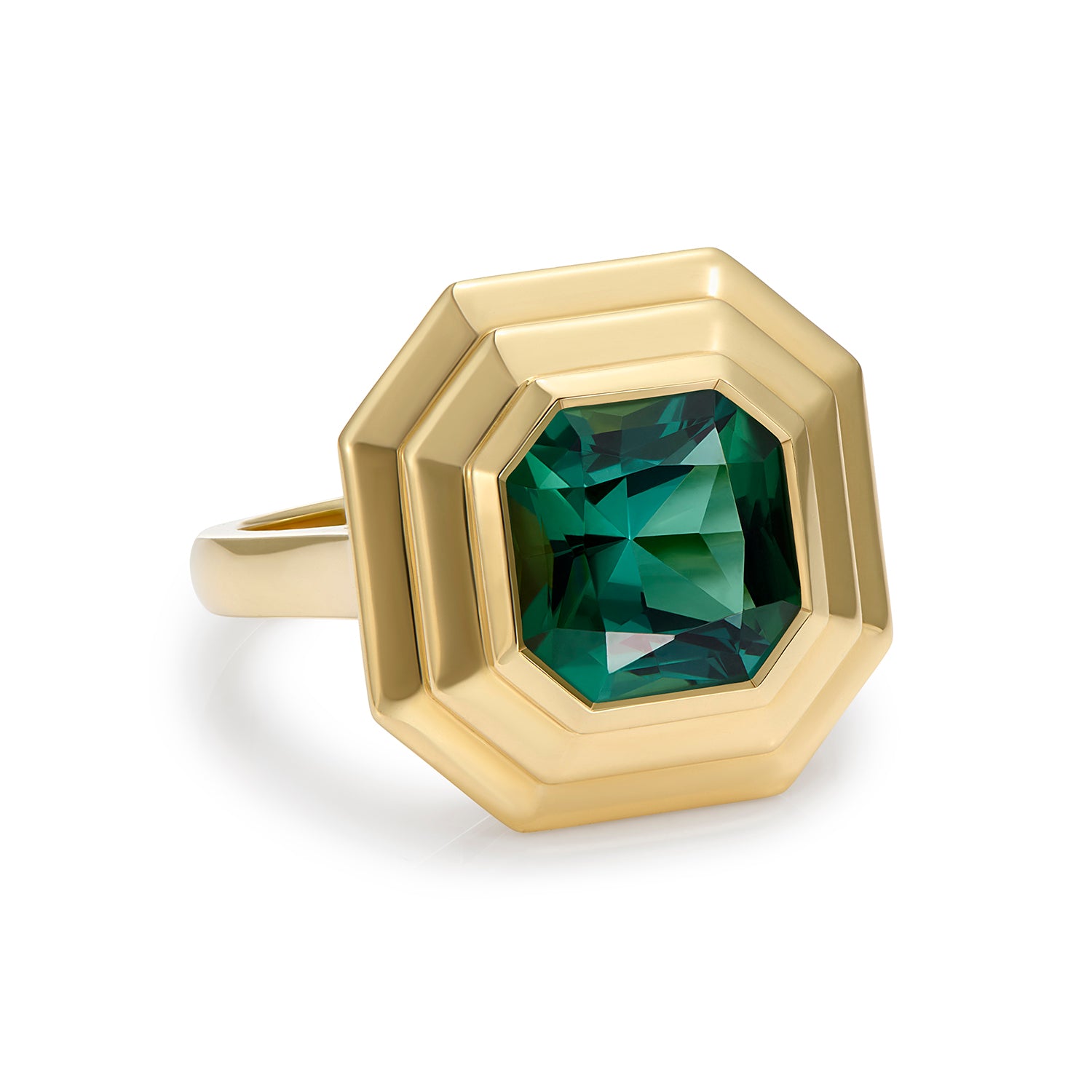 Side profile of Athena 18k yellow gold ring with octagonal-cut green tourmaline