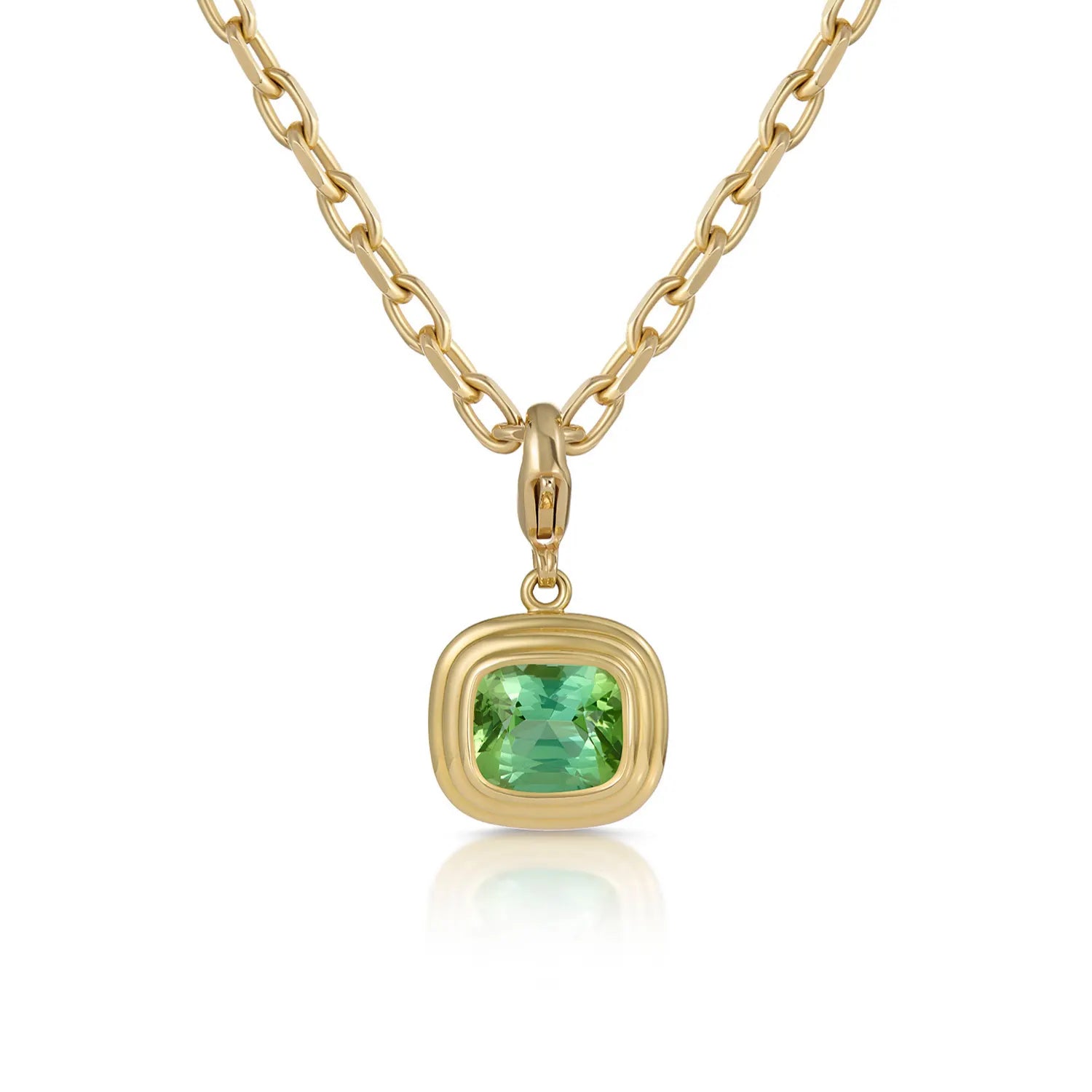 Athena 5.35ct vivid green tourmaline necklace in 18k yellow gold featuring antique cushion-cut green tourmaline pendant