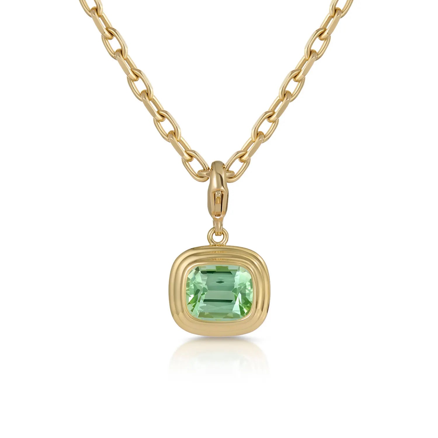 Athena 6.76ct sea foam green tourmaline necklace in 18k yellow gold featuring antique cushion-cut pendant on chunky chain