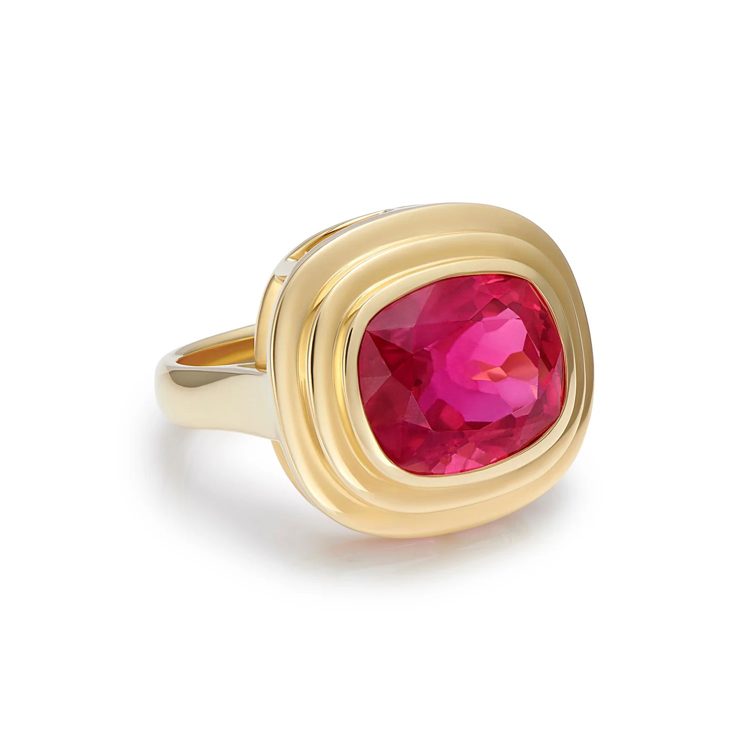 Side view of Athena 7.00ct pink tourmaline ring in 18k yellow gold showing sculptural setting highlighting rubellite gemstone