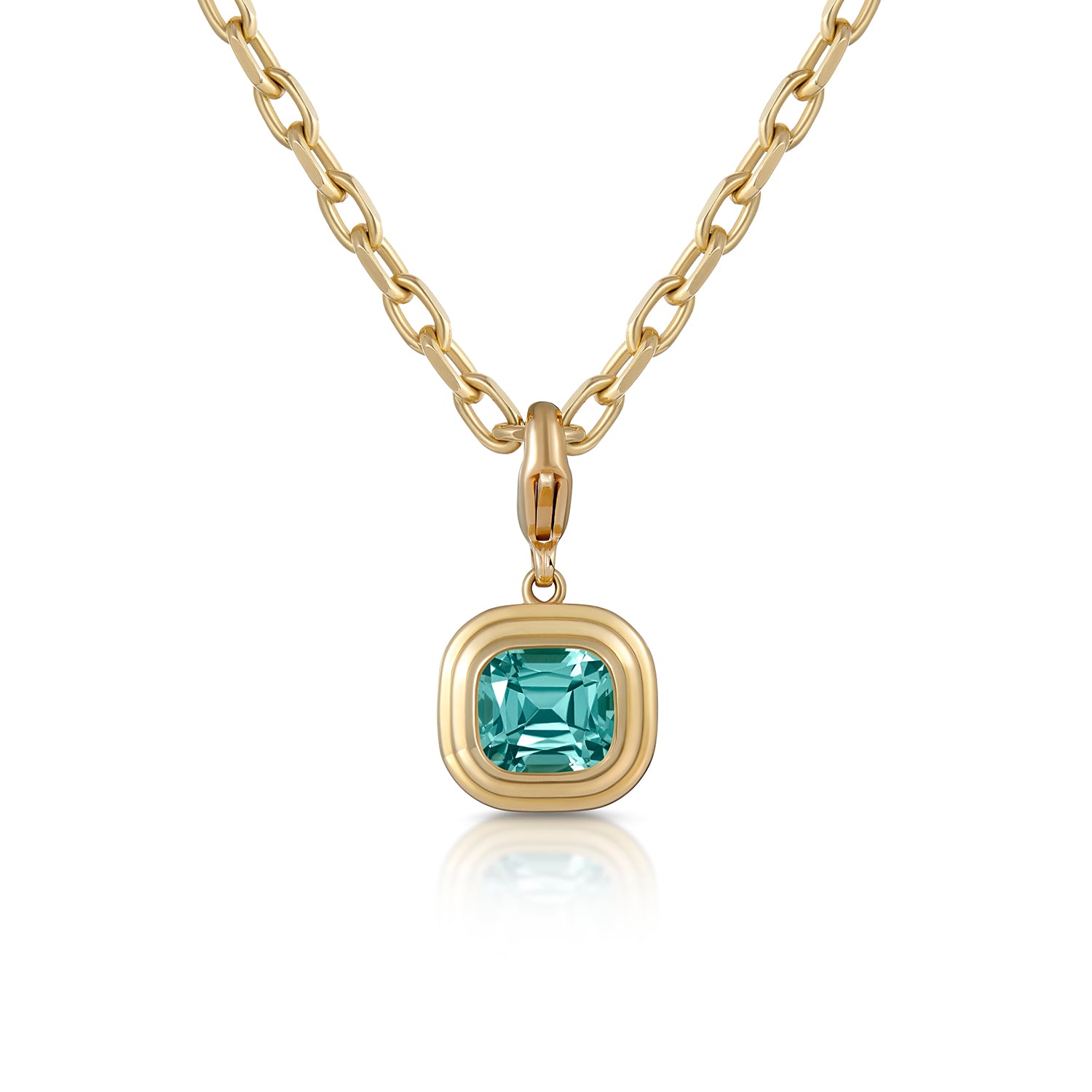 Athena collection bold necklace in 18k yellow gold featuring a cushion-cut blue Tourmaline pendant with detachable clip