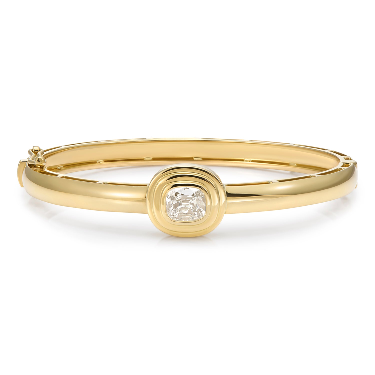 1.16ct Old Cut Cushion Diamond chunky bangle in 18k yellow gold from the Athena collection, featuring classic Greek-inspired design and step detailing.