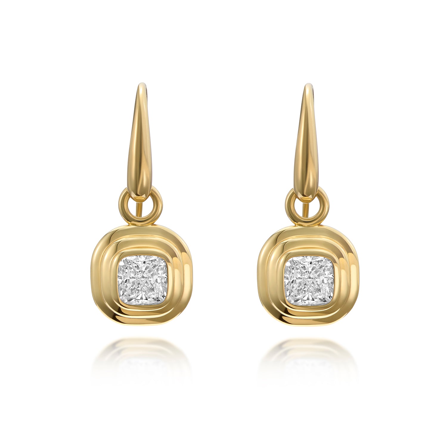Athena diamond earrings in 18k yellow gold with 1.20ct cushion-cut diamonds by Minka Jewels