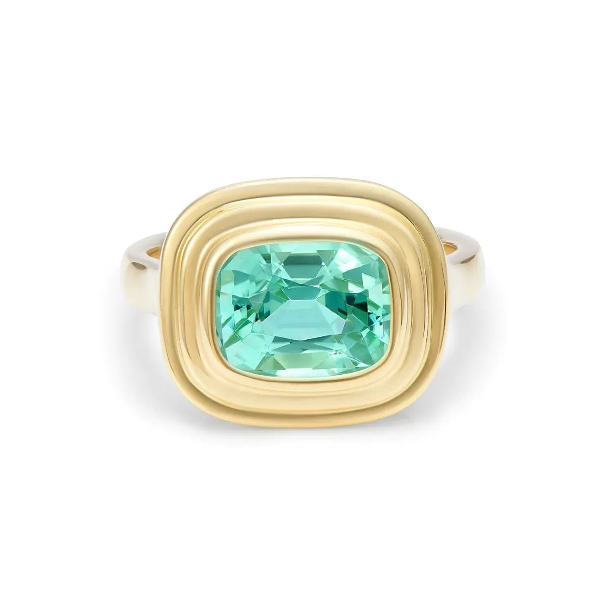 Athena 2.70ct electric blue tourmaline ring in 18k yellow gold featuring cushion-cut blue tourmaline