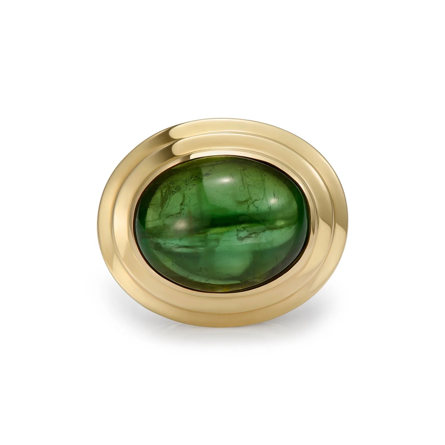 Athena green tourmaline cabochon ring in 14k yellow gold and sterling silver showcasing bold cabochon gemstone