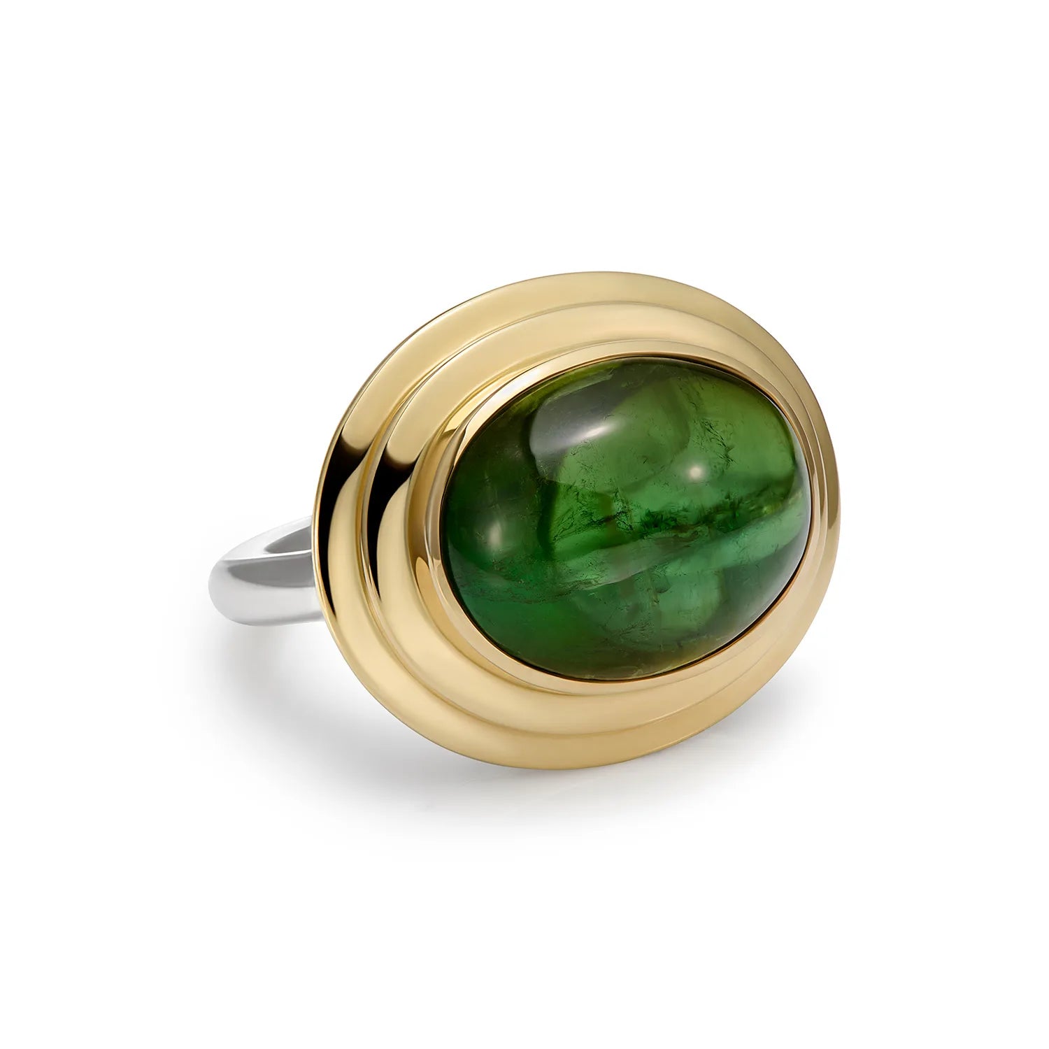 Side view of Athena green tourmaline cabochon ring in 14k yellow gold with sterling silver band highlighting sculptural step design