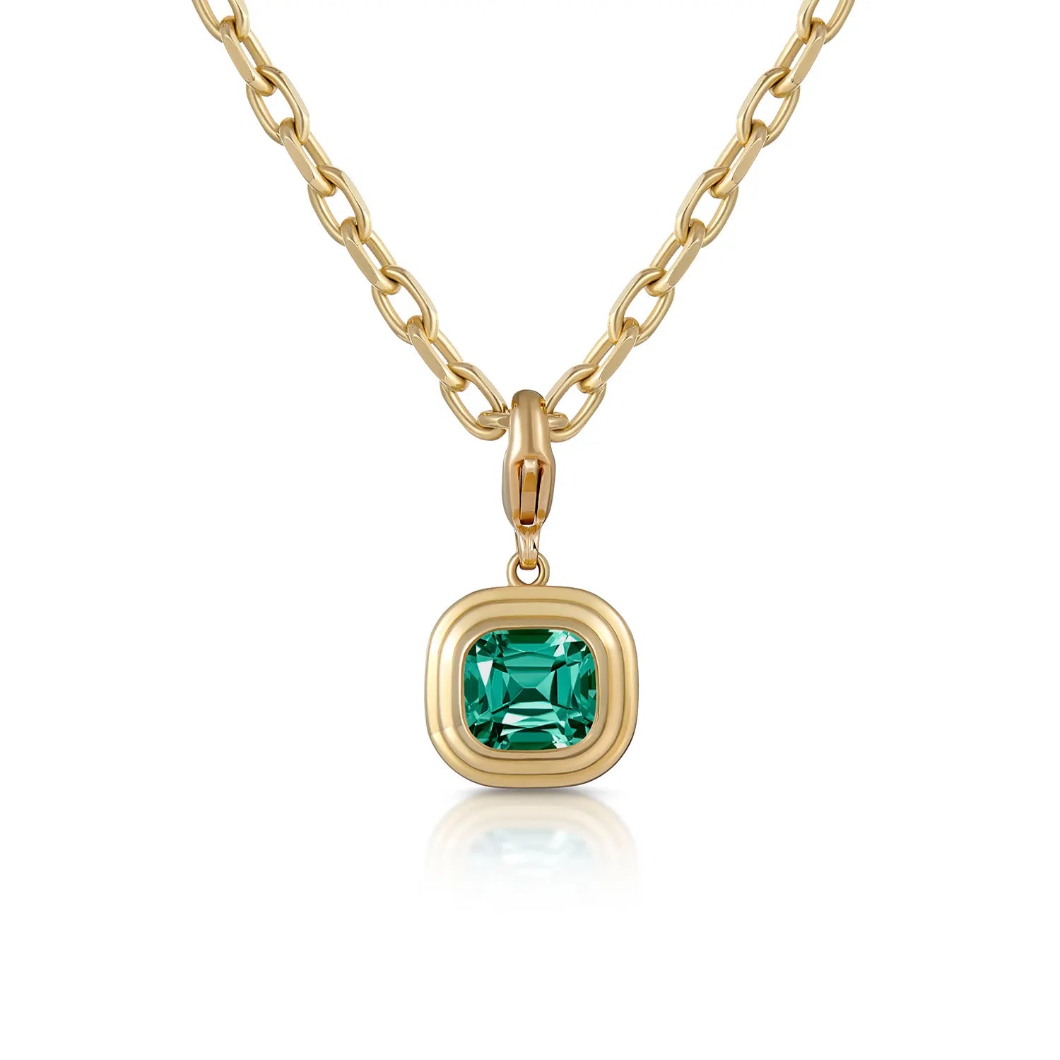 Athena green tourmaline pendant necklace in 18k yellow gold featuring cushion-cut green tourmaline and clip clasp