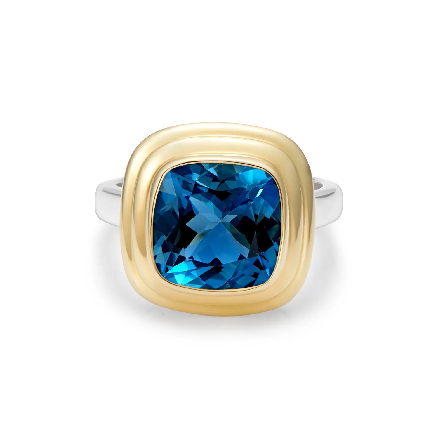 Athena 4ct London blue topaz ring in 14k yellow gold and sterling silver showcasing cushion-cut deep blue topaz