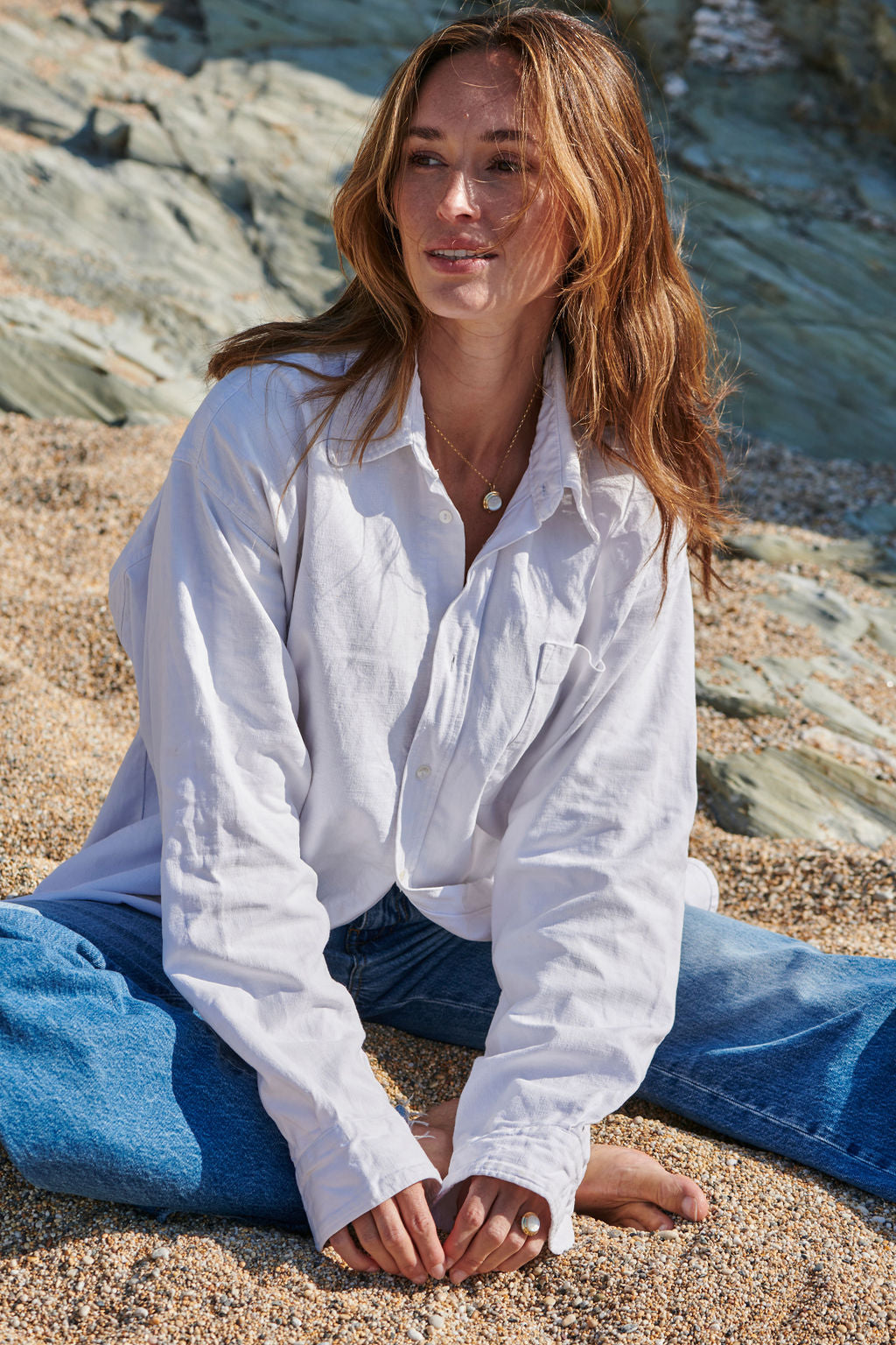 14k yellow gold Mother of Pearl Athena necklace worn on model by Minka Jewels