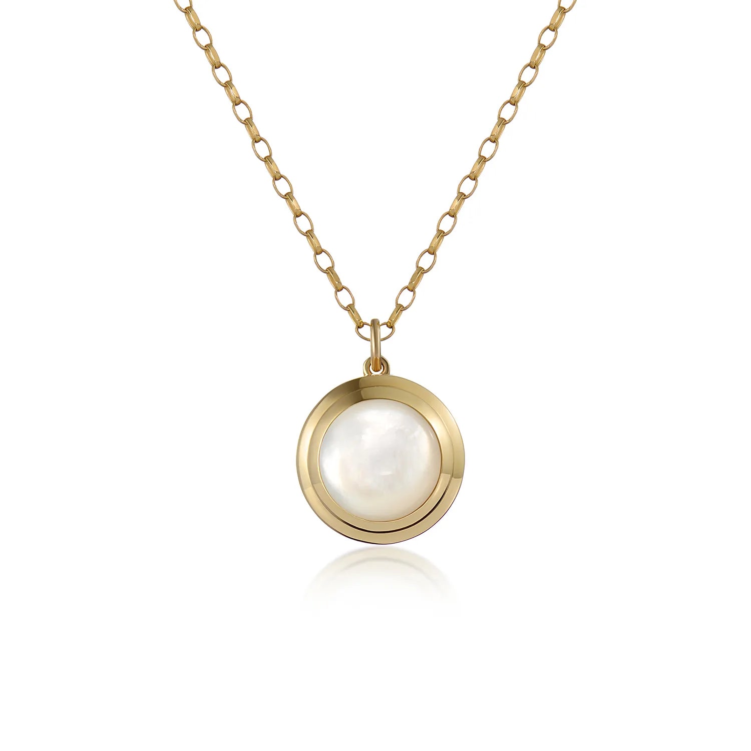Athena mother of pearl necklace in 14k yellow gold featuring luminous iridescent mother of pearl pendant with step detailing