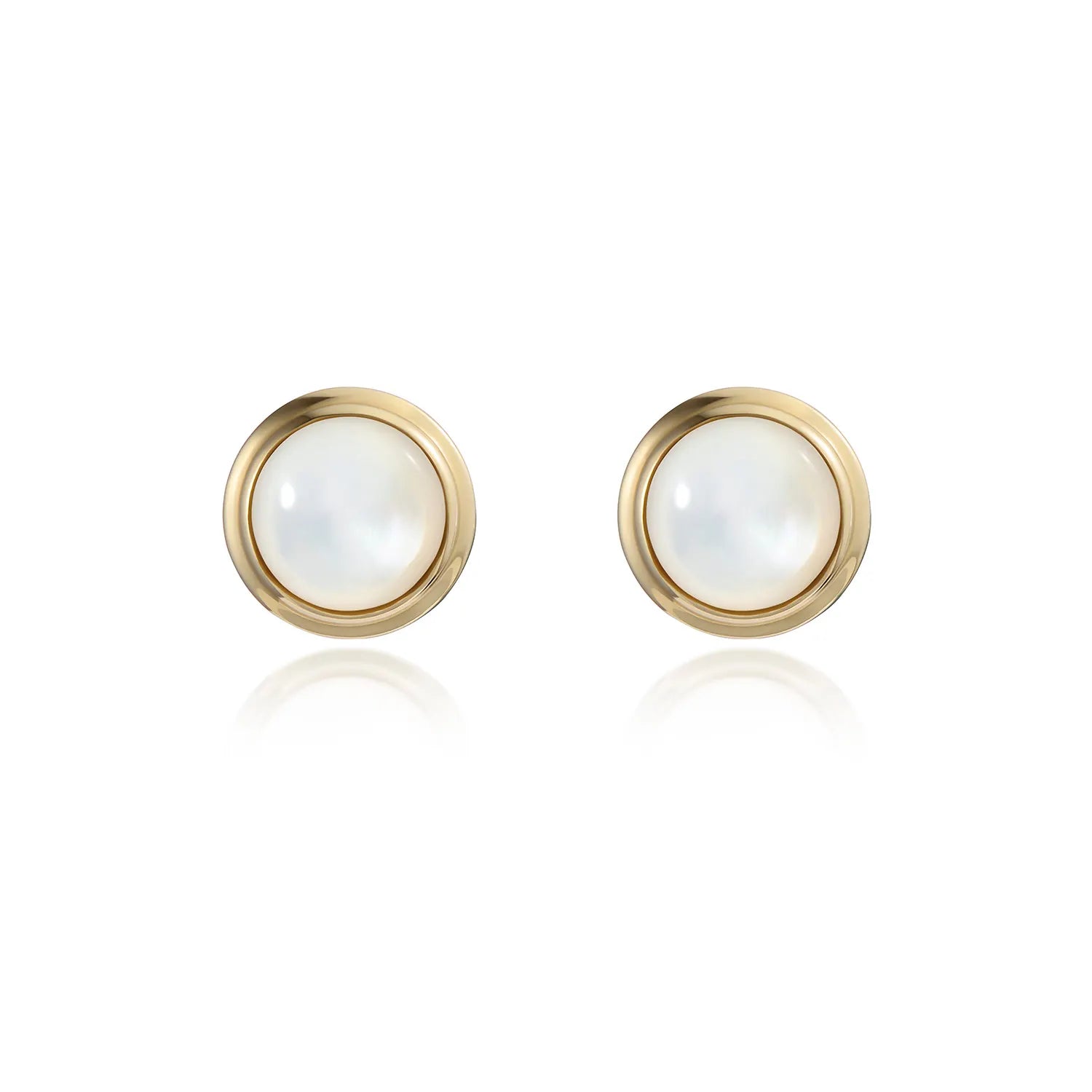 Athena mother of pearl stud earrings in 14k yellow gold featuring luminous iridescent mother of pearl with step detailing