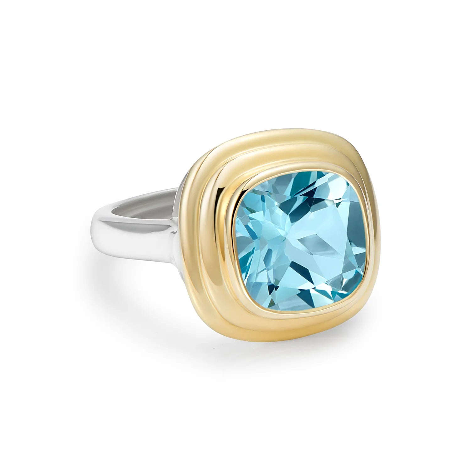 Side view of Athena Sky Blue Topaz Ring in 14k yellow gold and sterling silver showing sculptural setting inspired by classical Greek architecture