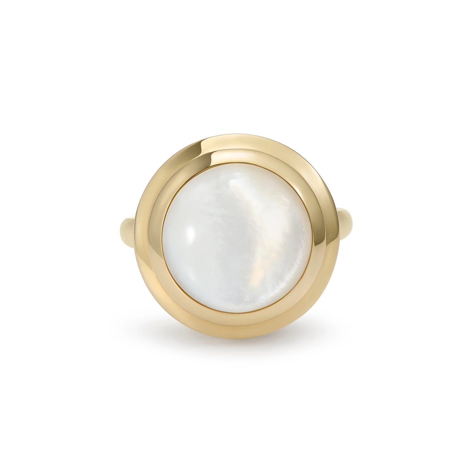 Athena medium mother of pearl ring in 14k yellow gold featuring luminous iridescent mother of pearl with two-step design