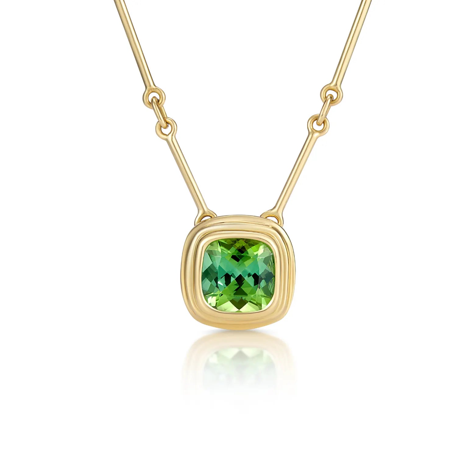 Athena 3ct green tourmaline necklace in 18k yellow gold featuring cushion-cut green tourmaline pendant