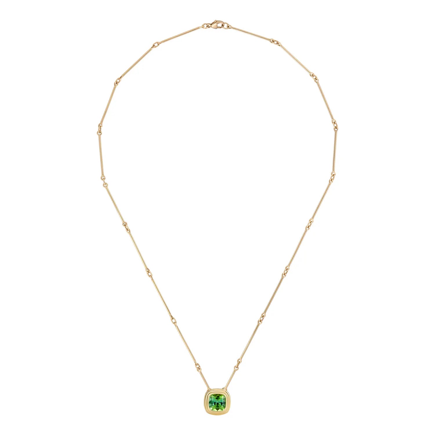 Athena 3ct green tourmaline necklace chain in 18k yellow gold featuring cushion-cut green tourmaline pendant