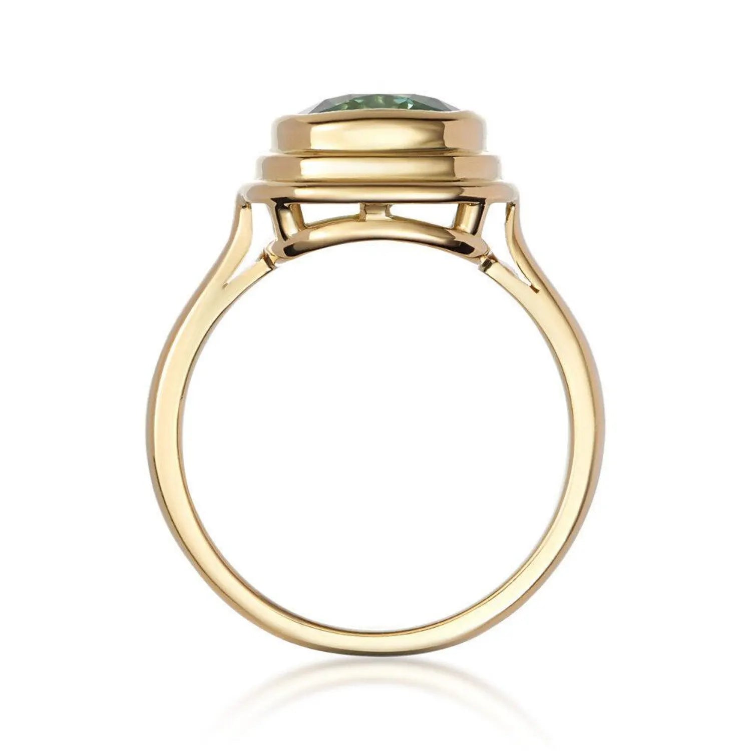 Setting detail of Athena green tourmaline ring in 18k yellow gold showing sculptural setting inspired by classical Greek architecture