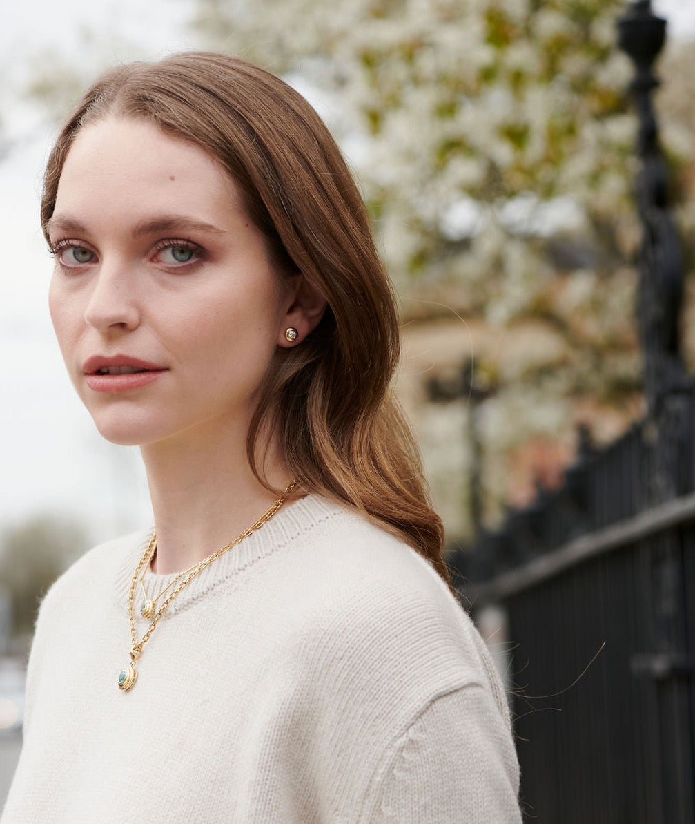 Athena 18k gold diamond stud earrings styled with Athena necklaces by Minka Jewels